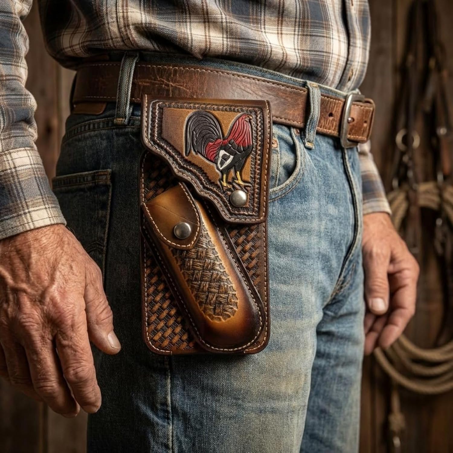 Rooster Basketweave Holster with Knife Sheath Western Leather Phone Belt Pouch Embossed Handmade Cell Phone Case Tooled Case Universal by E g i f t h o m e #EH13256_Pouch Size 7" x 4" x 1" (Coffee)