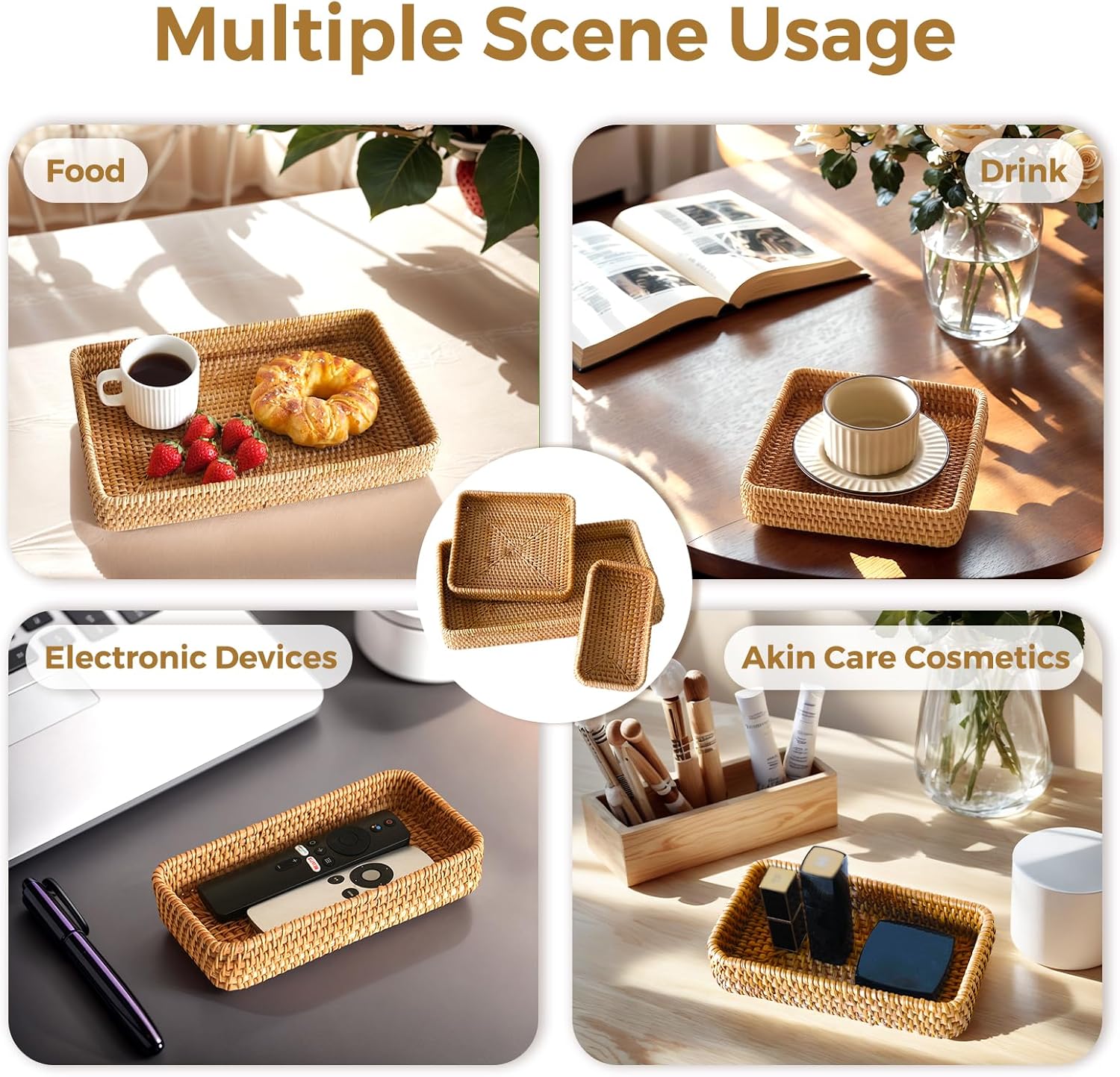 Rattan Serving Tray, Including 3 Sizes of Woven Wicker Rectangle Trays & Shallow Basket Trays. Decorative Rattan Baskets with Organizing Function, Daily Serving Needs
