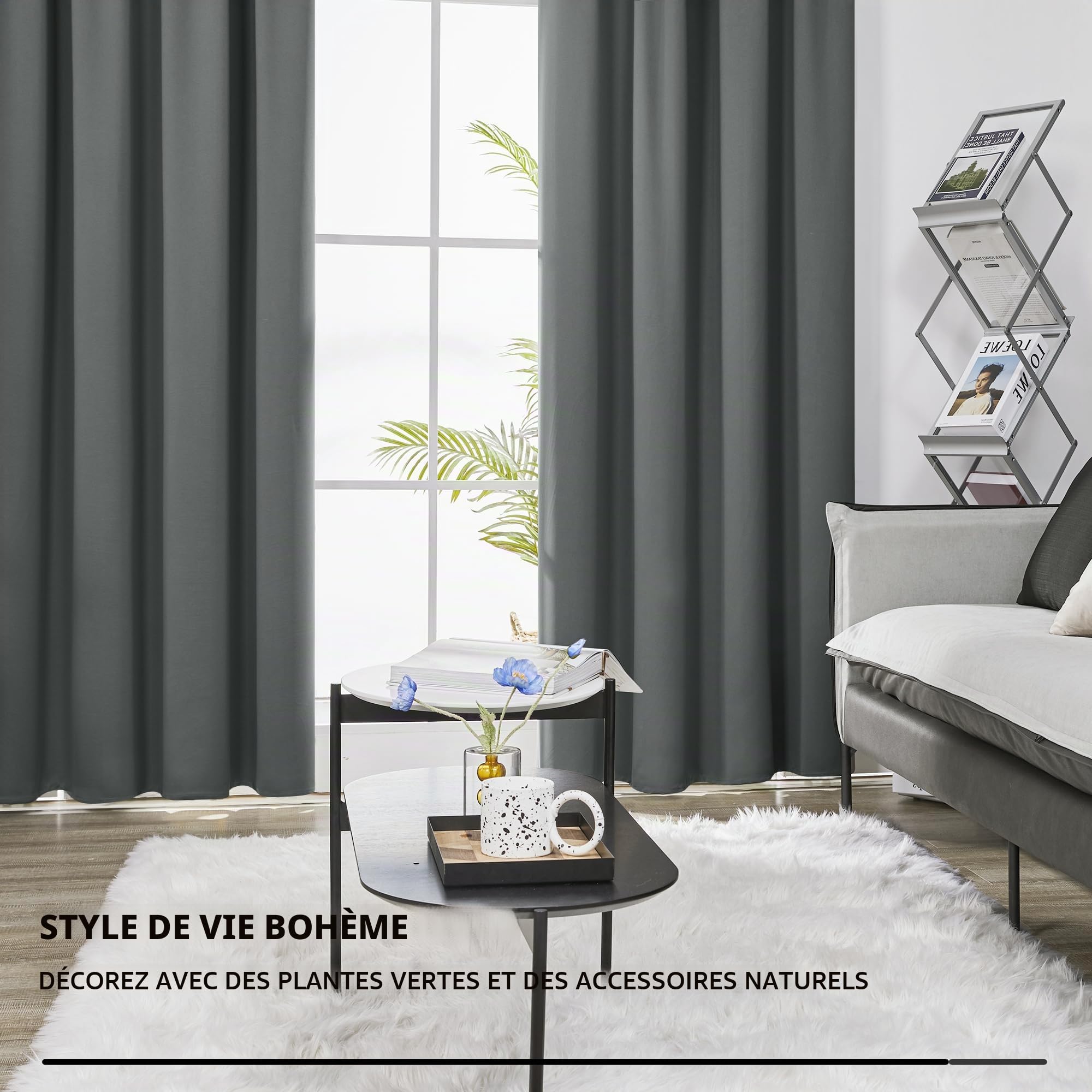 Deconovo Rideau Occultant Galon Fronceur pour Salon Chambre Gris Foncé