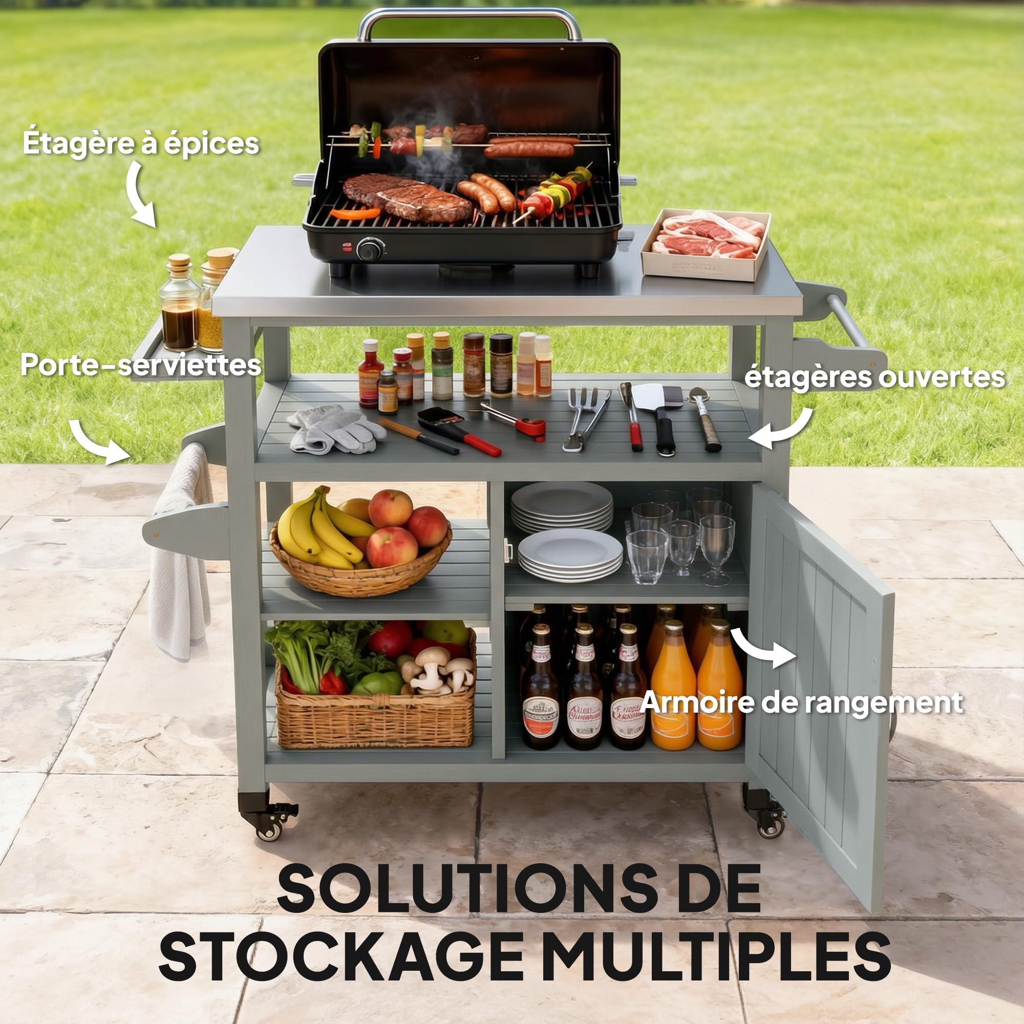 Outsunny Desserte Jardin Chariot de Barbecue sur roulettes îlot de Cuisine en Bois Plateau en Acier Inoxydable Placard étagères Ouvertes Porte-épices Porte-Serviettes décapsuleur 107x49,5x92,5cm Gris