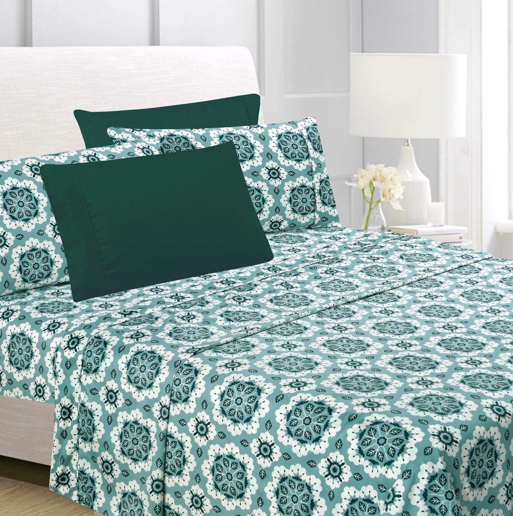 American Home Collection 6 Piece Bed Sheet Set Super Soft Brushed Microfiber - 14" Deep Pocket - Wrinkle Resistant - Hypoallergenic (King, Forest Green Mandala)