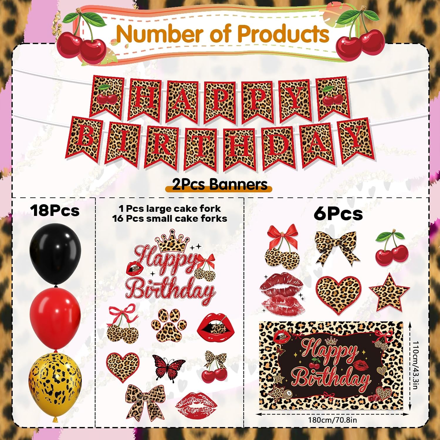 Cheetah Print Birthday Decorations, 50 Pcs Leopard Banner Backdrop and Balloons Decorations Kit, Animal Themed Cheetah Print Birthday Party Decor Supplies (Red & Black)