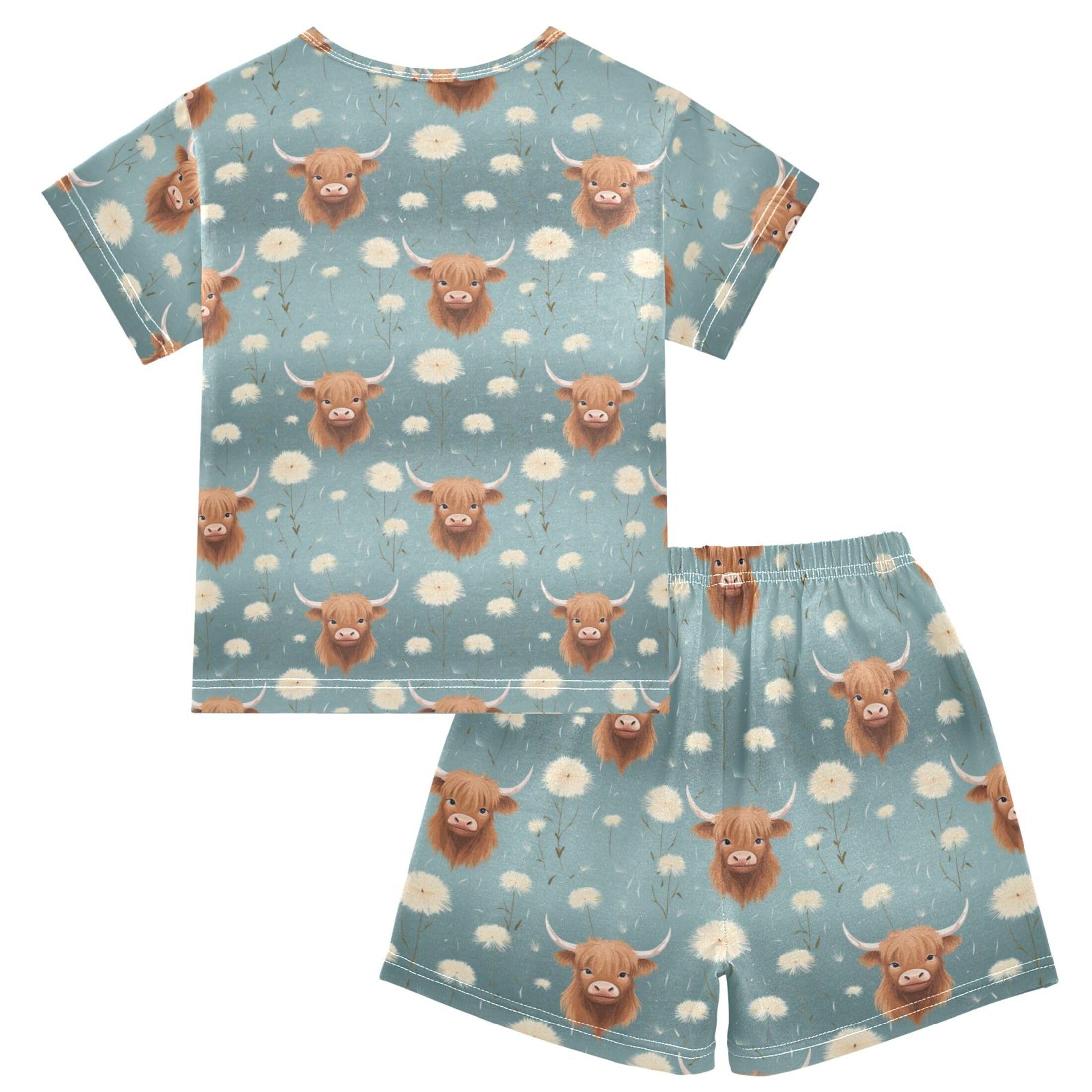 UMIRIKO Highland Cow Animal Short Sleeve Pajamas Set Sleepwear PJs Nightwear B0403019