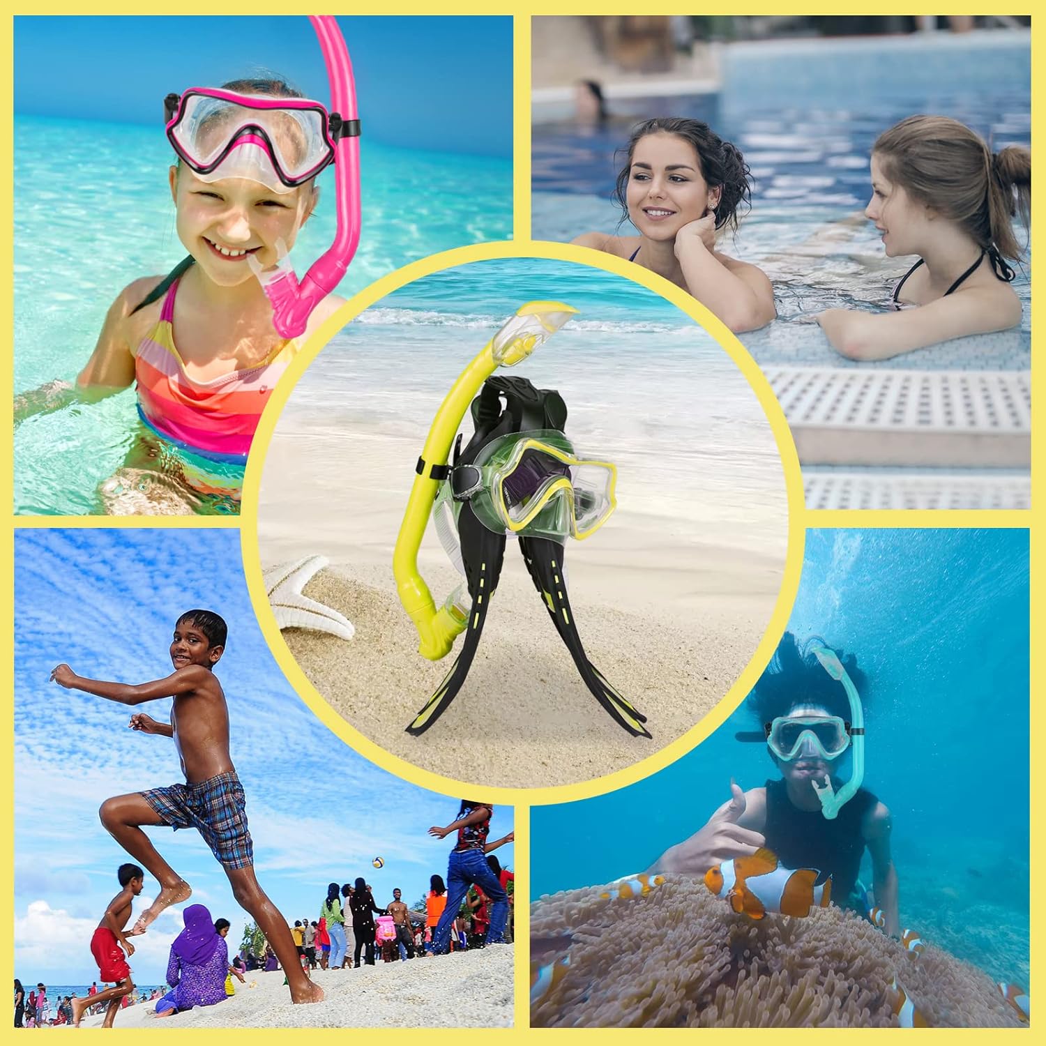 Kids Snorkeling Set - Adjustable Flippers + Panoramic Snorkel Mask + Dry Snorkel Tube + Travel Bags - Suitable for Kids & Juniors, Age 5-14