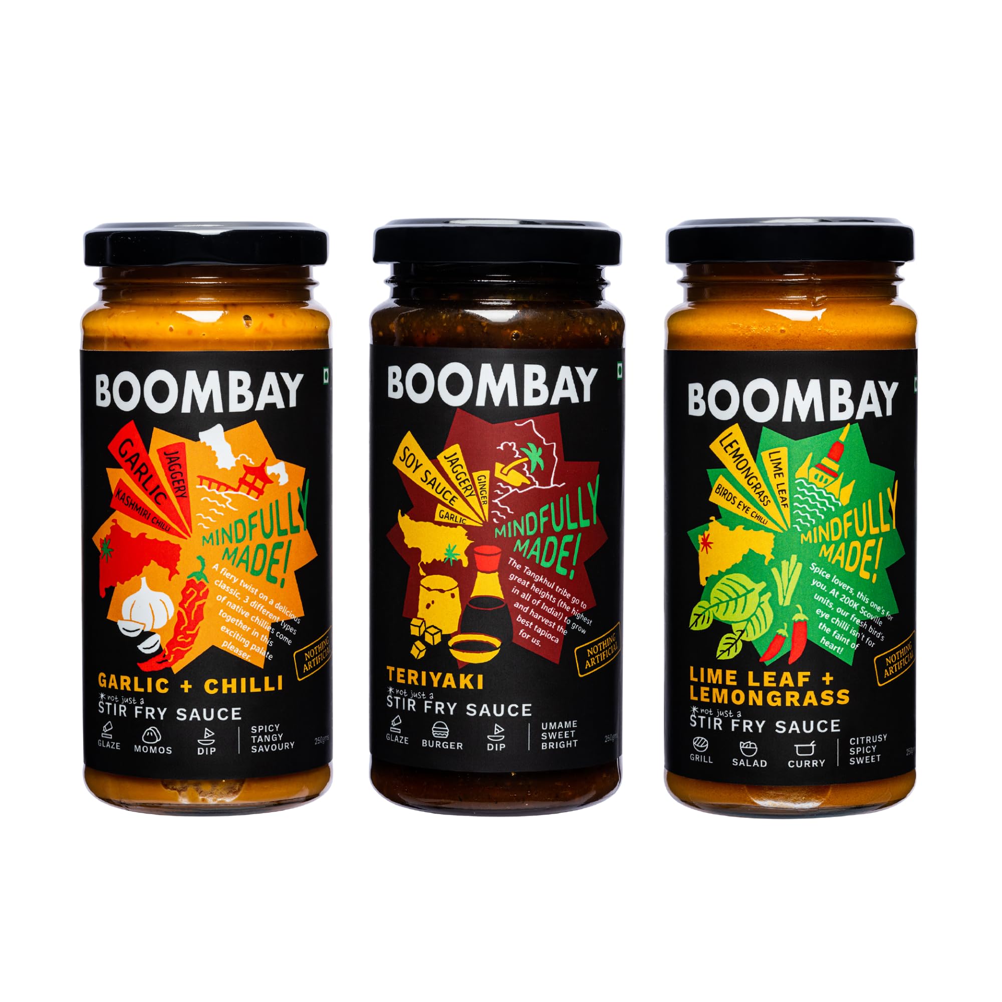 BOOMBAY StirFry Combo | Lime Leaf + Lemongrass, Garlic Chilli, Teriyaki | Nothing Artificial | No Bad Oils | No Refined Sugar | Use in Noodles, Fried Rice, Momos & Spring Rolls | Pack of 3, 250g each