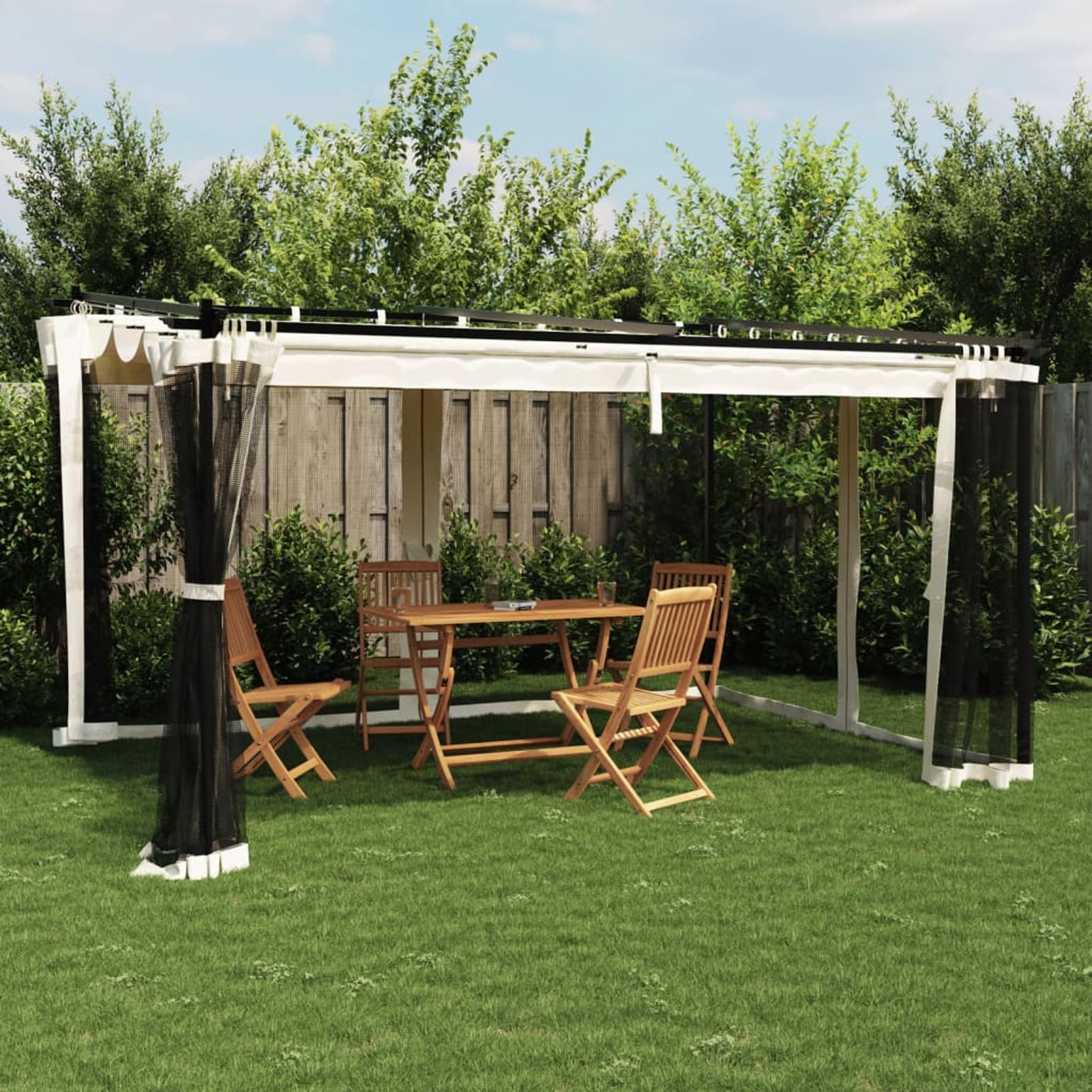Amorsee Pérgola de Jardín con Techo y Malla, Pérgola de Aluminio 4x3 m, Cenador de Jardín con Techo Retráctil, Poliéster Resistente al Agua y a UV para Patio Terraza Exterior Crema