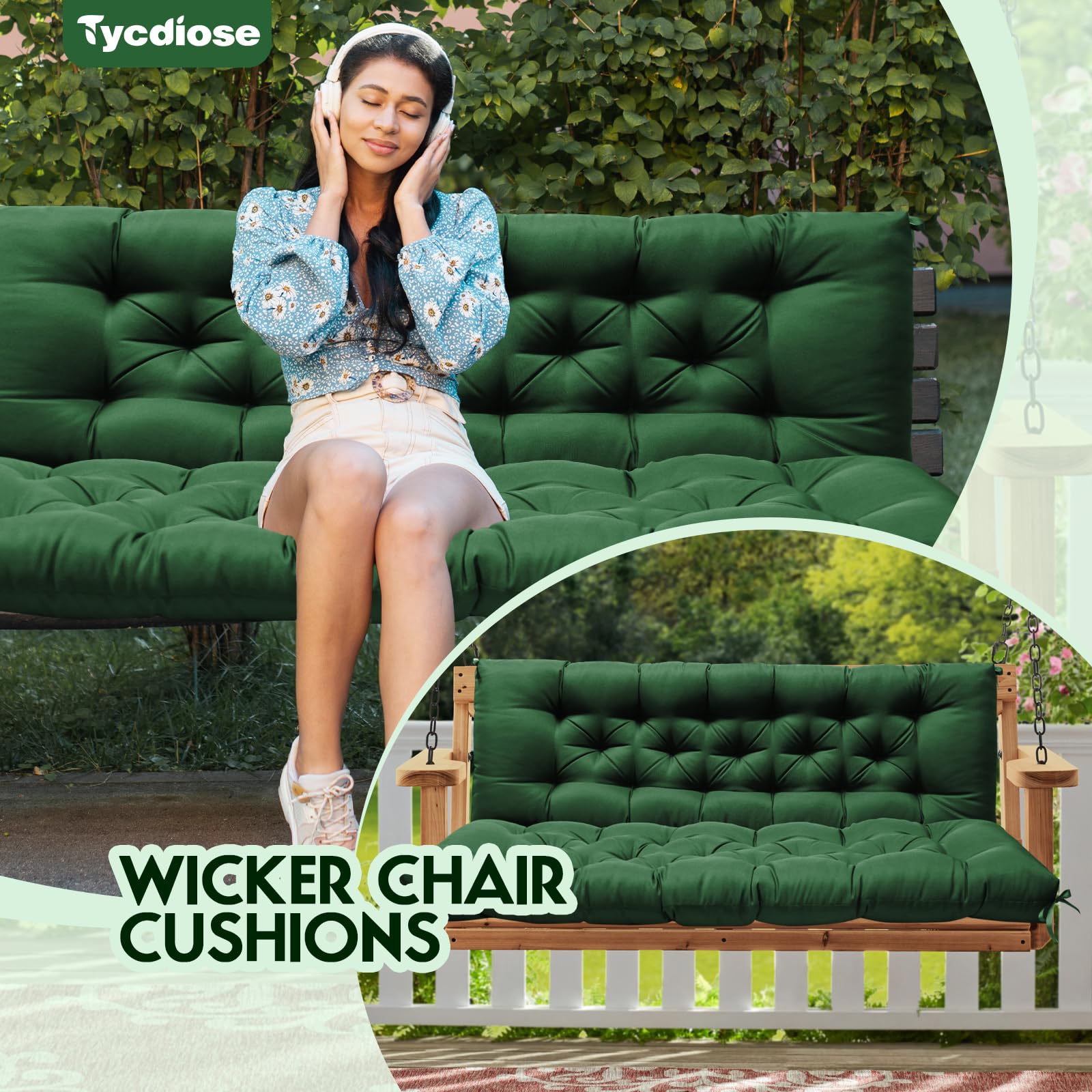 Condition photo showing New/Like New for Porch Swing Cushions with Backrest, Replacement Swing Cushions Waterproof for Outdoor Patio Furniture, 2-3 Seater Outdoor Swing Bench Cushions Replacement with Ties (Green, 60x40 Inches)