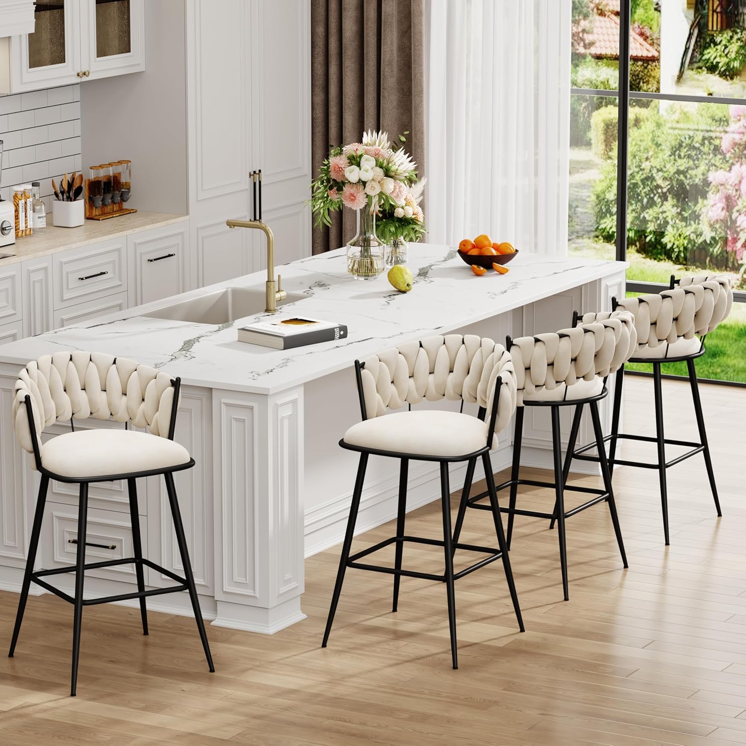 ALISH 26 Inch Bar Stools Set of 4,Upholstered Barstools with Woven Back and Footorest Velvet Modern Bar Chairs for Kitchen, Dining Room (Ivy, Set of 4)