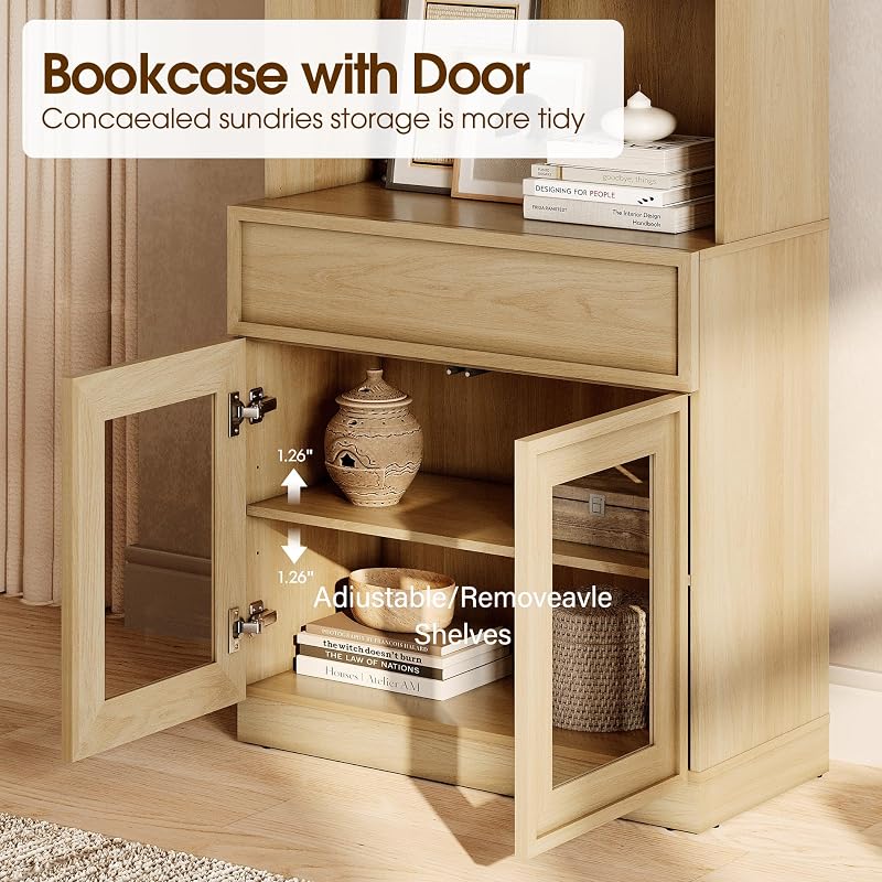 WAMPAT Wall Unit TV Stand with 3 Tiers Bookshelf, Entertainment Center with 4 Storage Cabinets and Adjustable Shelf, Media Console with Glass Doors and 4 Drawers for Living Room, Oak image 5