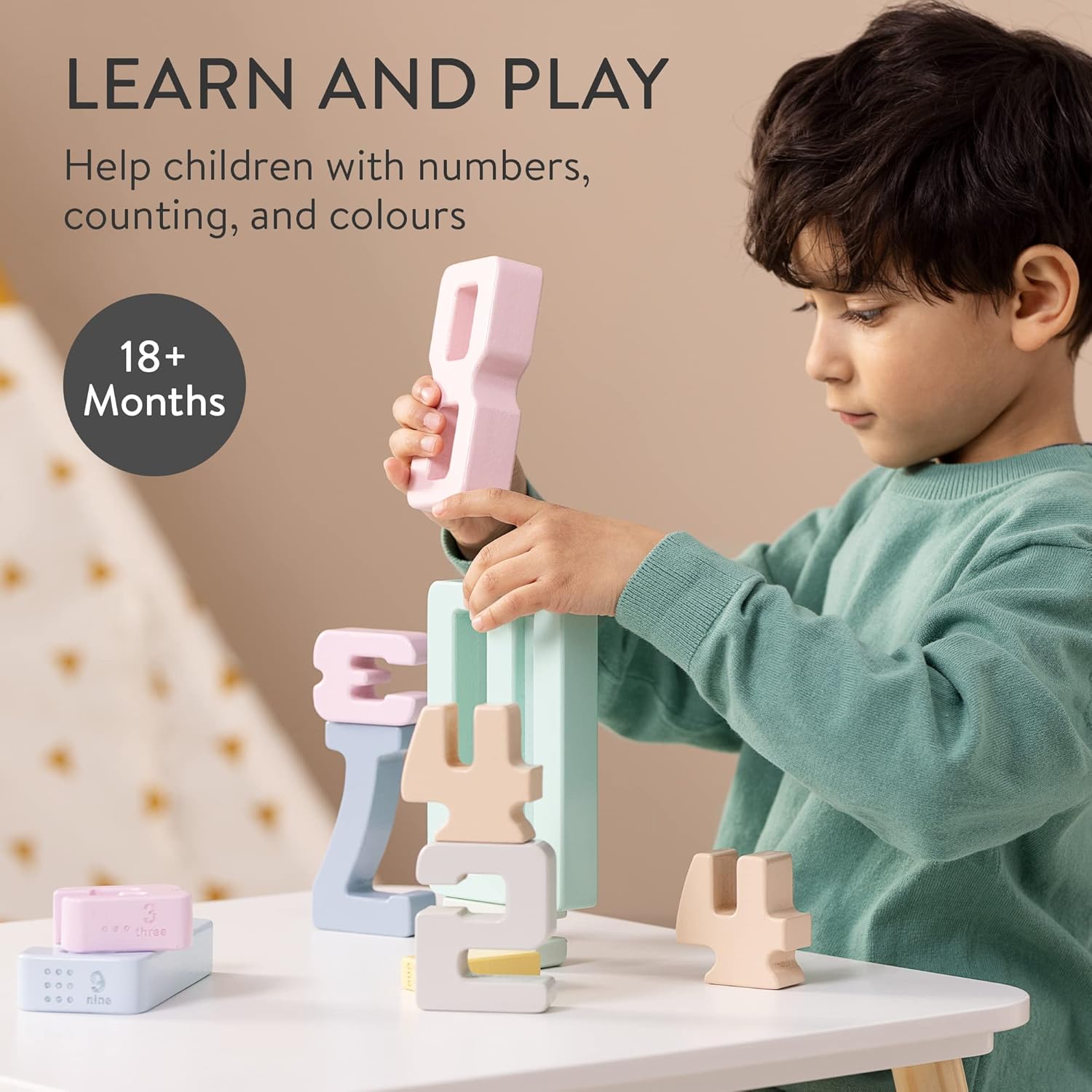 Navaris Wooden Number Blocks (32 Pieces) Stacking Wood Building Block