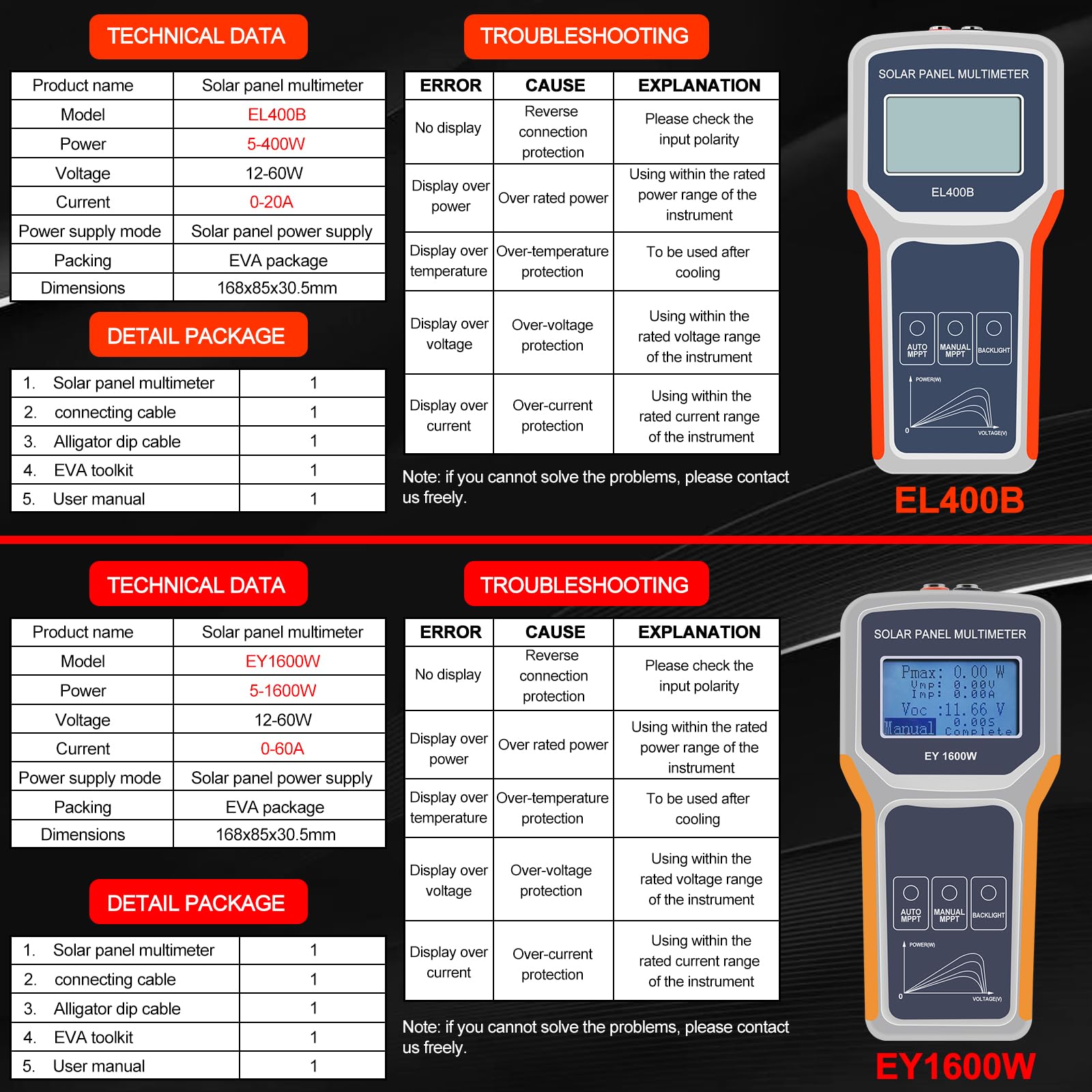 Geloo 1600W MPPT Tester Photovoltaik Solarpanel Tester Solar Panel Multimeter EY1600W Solarpanel-Multimeter LCD Anzeige für Solar PV Testing