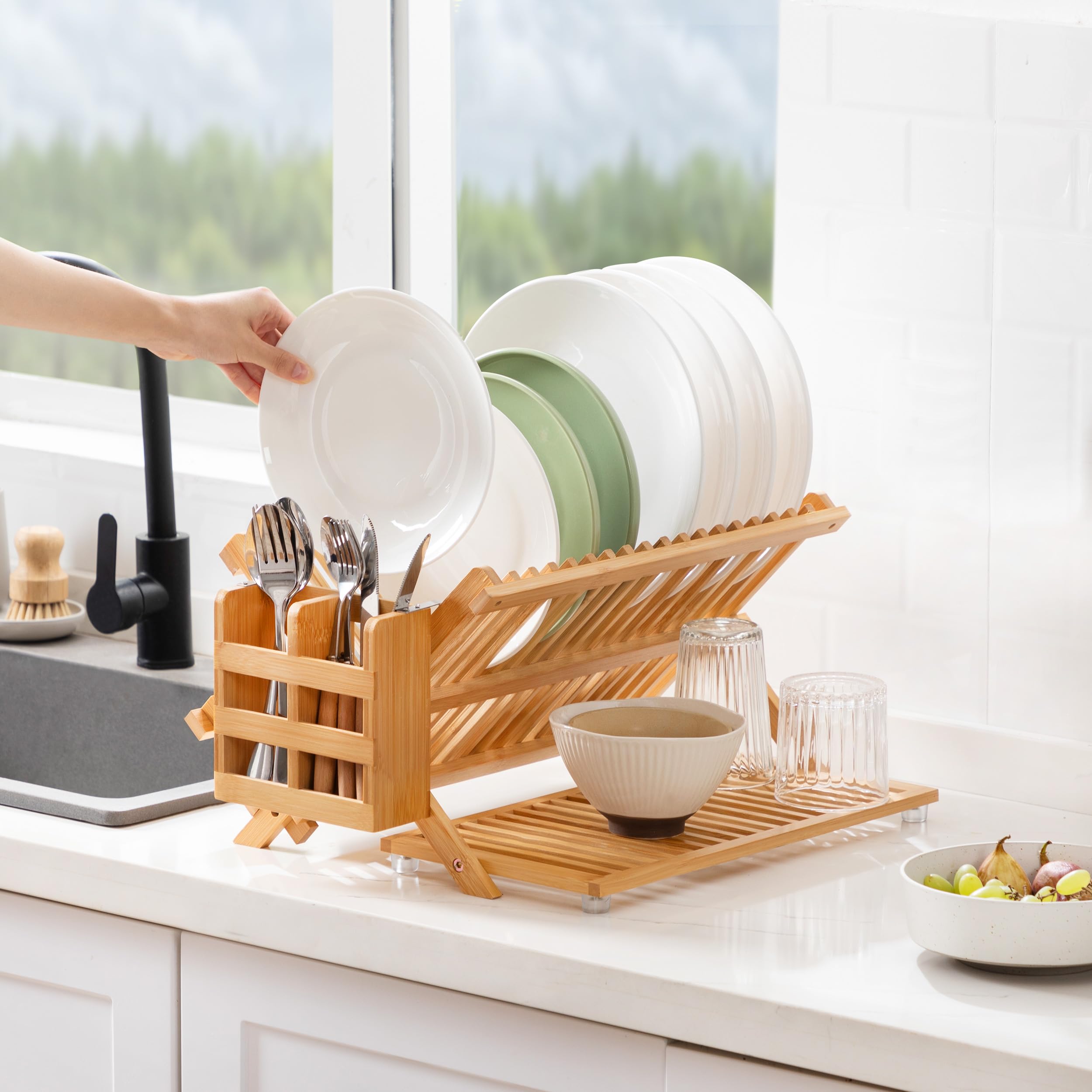Abtropfgestell mit Utensilienhalter, 3 Ebenen, Bambus, zusammenklappbar, für Küchentheke, großer faltbarer Trockenhalter, Abtropfgestell, Küchenorganizer und Aufbewahrung