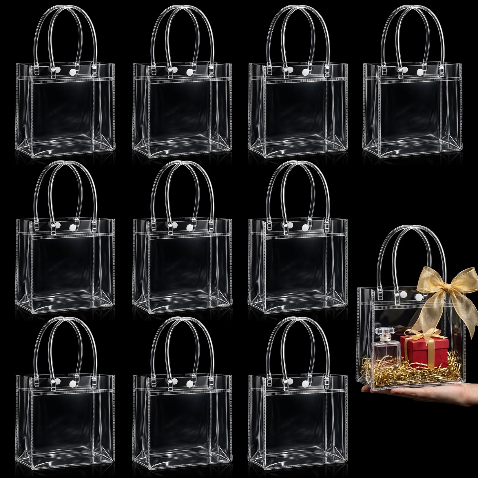MAQIHAN Clear Gift Bags with Handles - 10 Party Favor Candy Bags, Plastic Goodie Bags Transparent, bolsitas, for Valentines, Mother's Day, Christmas, Baby Shower, Wedding, Birthday, Mini 5.9'' x 6.3''