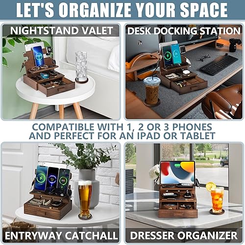 Miniatura 3 de Estación de acoplamiento de madera para hasta 3 teléfonos, organizador de mesita de noche con cajón para objetos de valor para hombres y mujeres,