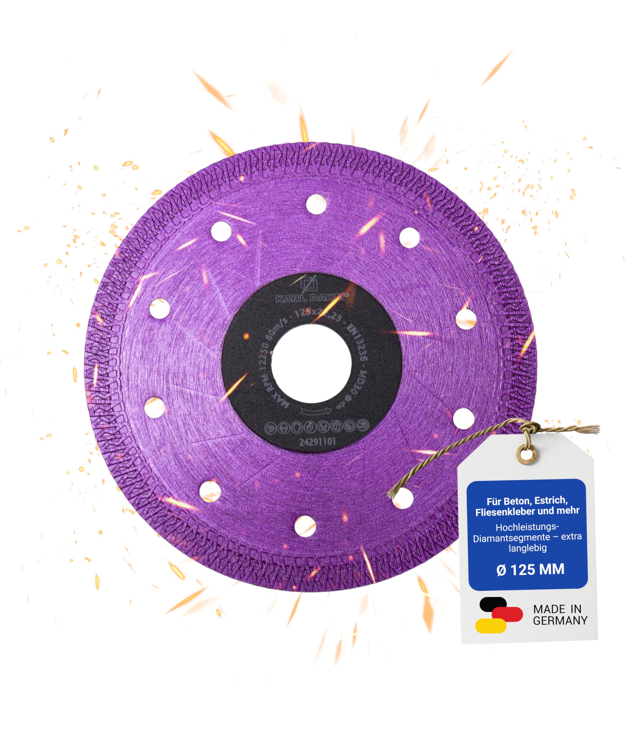 Karl Dahm® Disco de corte de diamante "Turbo" Pink Power Ø 125 mm – Alto rendimiento de corte para gres porcelánico, azulejos y piedra natural, larga vida útil, corte limpio, número de referencia