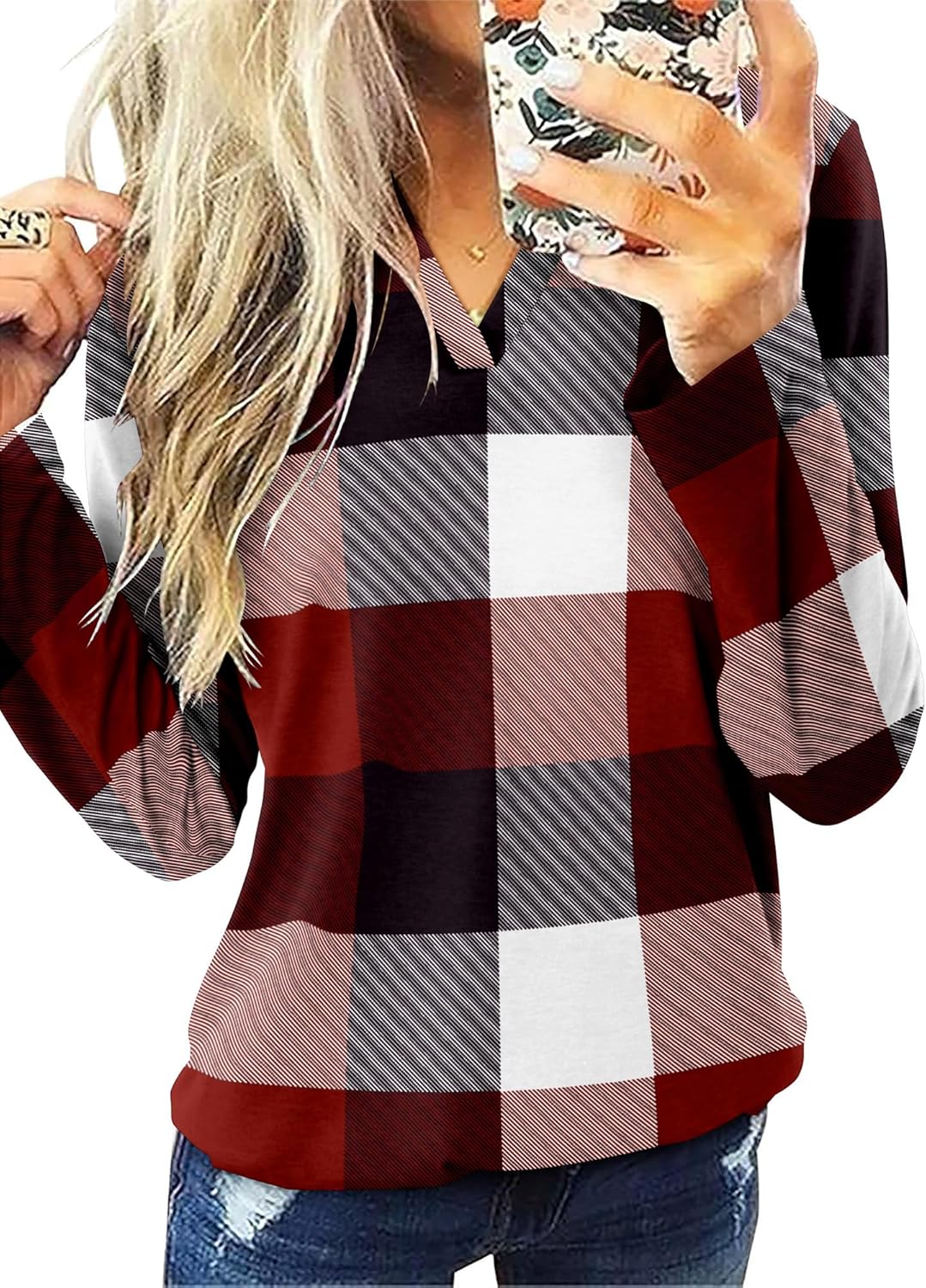 CRAZY GRID Women V Neck Fall Top Loose Fashion Casual Long Sleeve Shirt Comfy Blouse for Office Work and Daily Wear - Image 5