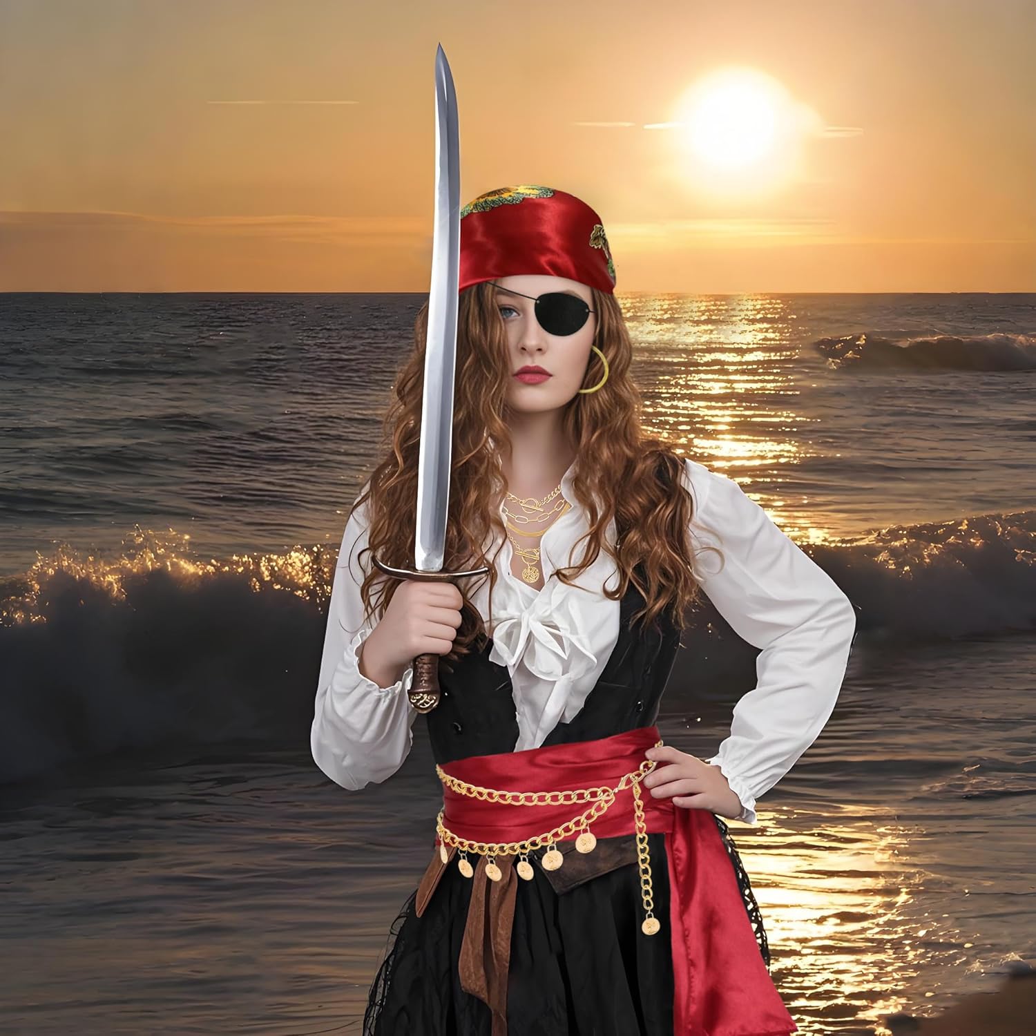 Pirate Accessories for Women Captain Pirate Costume Women with Head Scarf Sash Chain Belt Necklace Eye Patch Party Outfit - Image 6