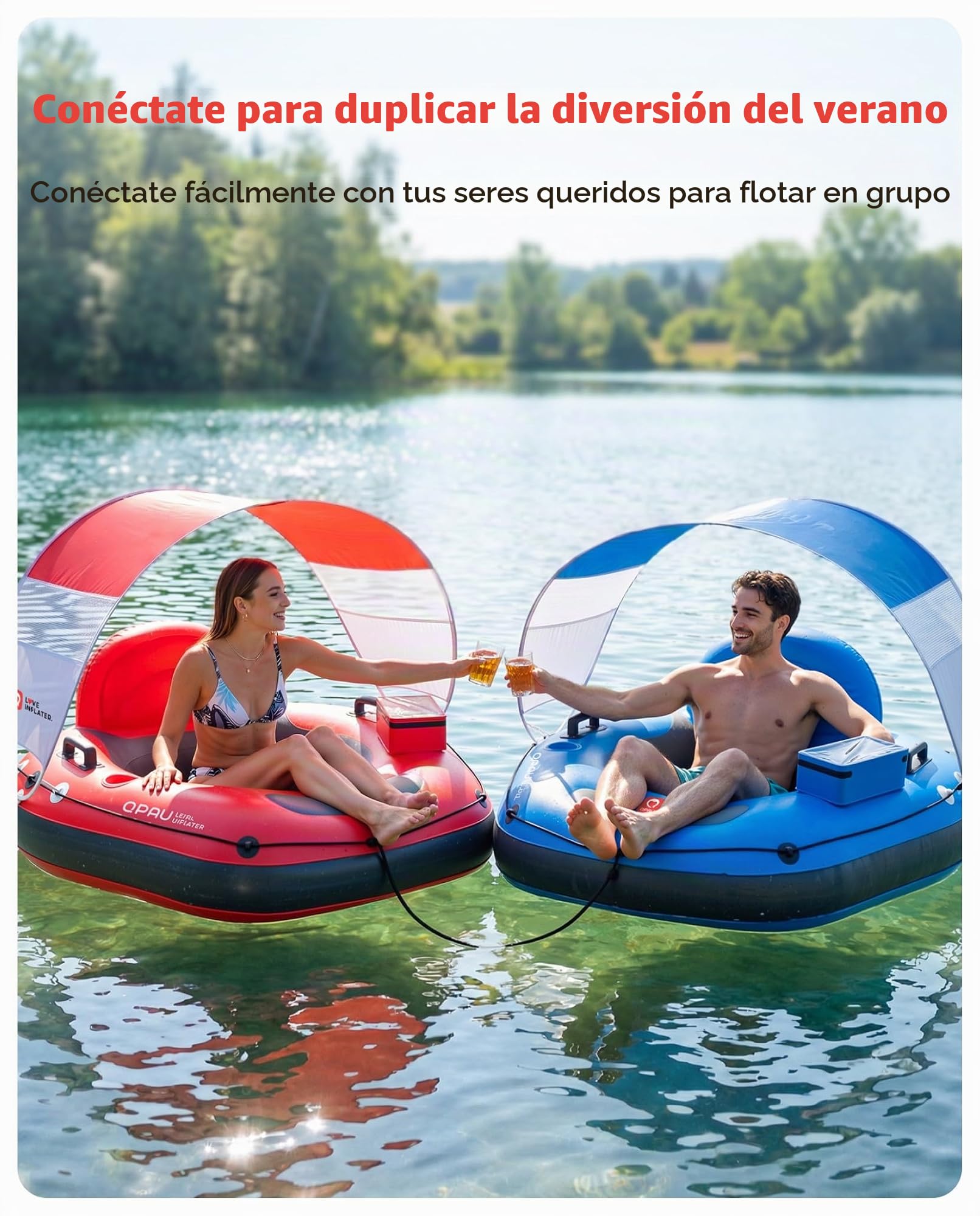 QPAU flotador de río inflable de 46 pulgadas con toldo solar extraíble, flotador resistente para adultos, reposapiernas ergonómico y respaldo, bolsa impermeable y portavasos, ideal para ríos, lagos