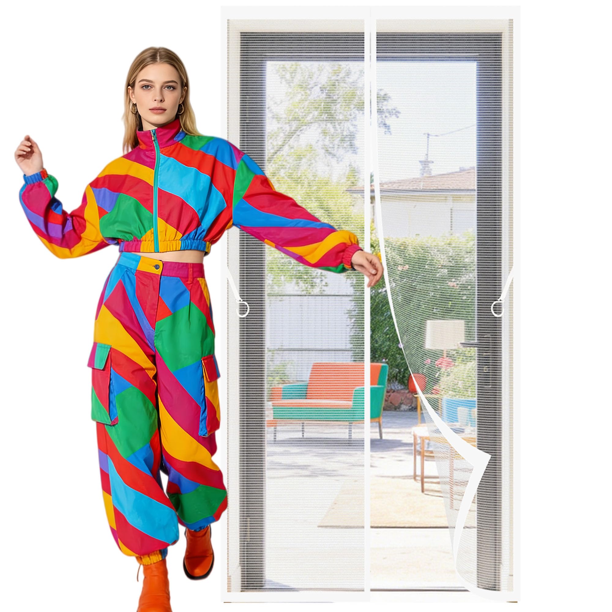 Polyester Magnetic Door 123 x 269 cm Hands Free Closing Fly Insect Screen Door Keep Fresh Air in Bugs Out for Living Room, Bedroom, Patio, White