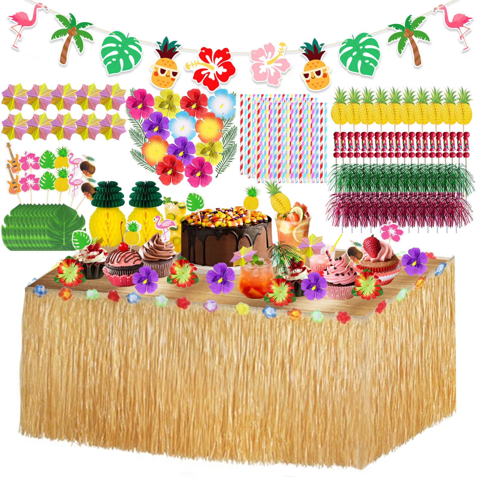 HavaCue 200 Pcs Hawaiian Party Decorations Set, Luau Grass Table Skirt, Fireworks Toothpicks, Paper Straws, Hawaiian Flowers