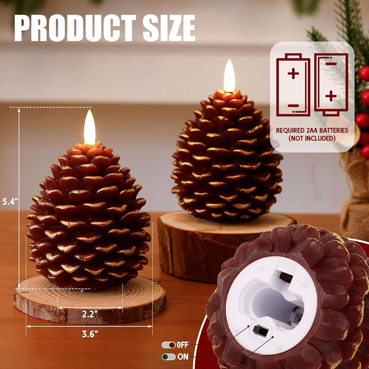 Battery Operated Christmas Candles with Remote and Timer, 2 Pack LED Flameless Pinecone Candles, Flickering Wick Real Wax Pine Cone Candle for Xmas Holiday Fireplace Decoration