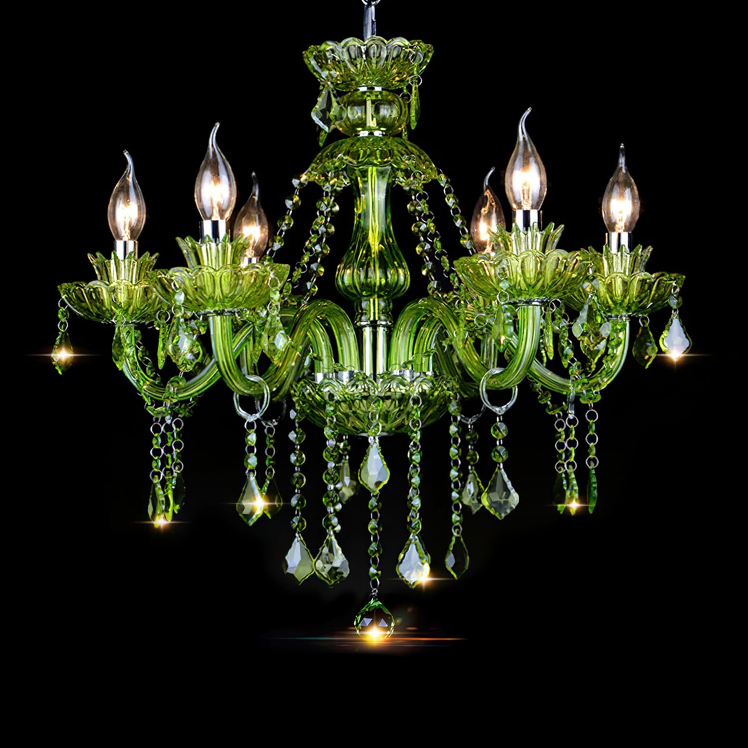 6 Lights Green K9 Crystal Candle Chandeliers Lighting Modern Pendant Lights Ceiling Fixture Lamp for Dining Living Room Bedroom Hallway Entry Elegant Decoration E12 Base, H20.5 x W23.6 Inch