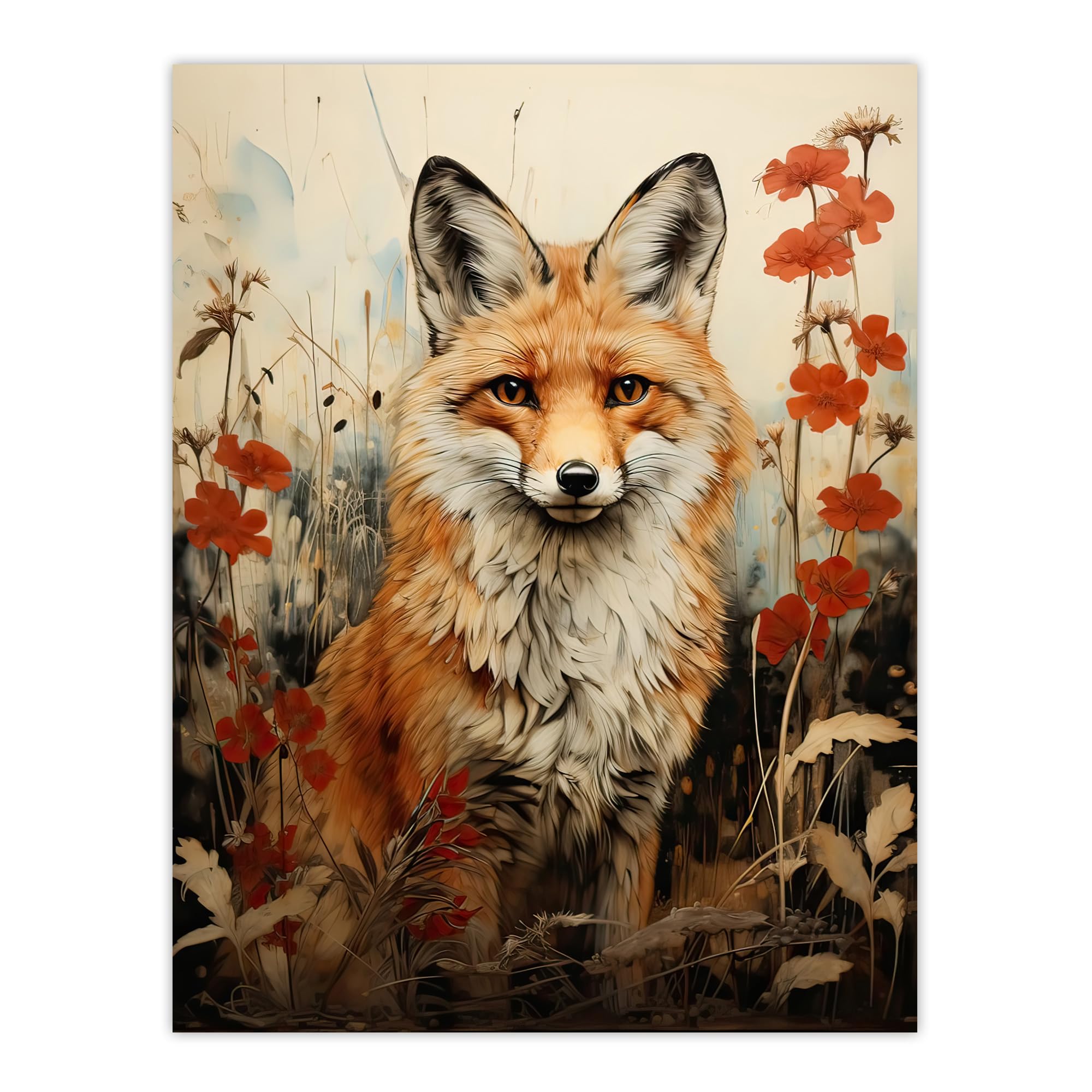 Artery8 Red Fox with Wildflowers Watercolour Painting Amber Cream Grey Woodland Creature in Autumn Field Floral Animal Portrait Extra Large XL Wall Art Poster Print