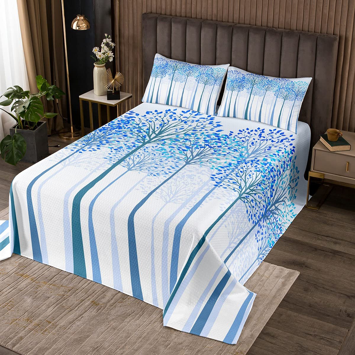 Richhome Women's Wws6347cg 3 Piece Blue Leaves Quilt Bedding Set Aldult Lightweight Bedding Autumn Trees Bedspread Set Creative Abstract Bedspread Coverlet Soft Microfiber Home Quilt Set For King Bed All Season
