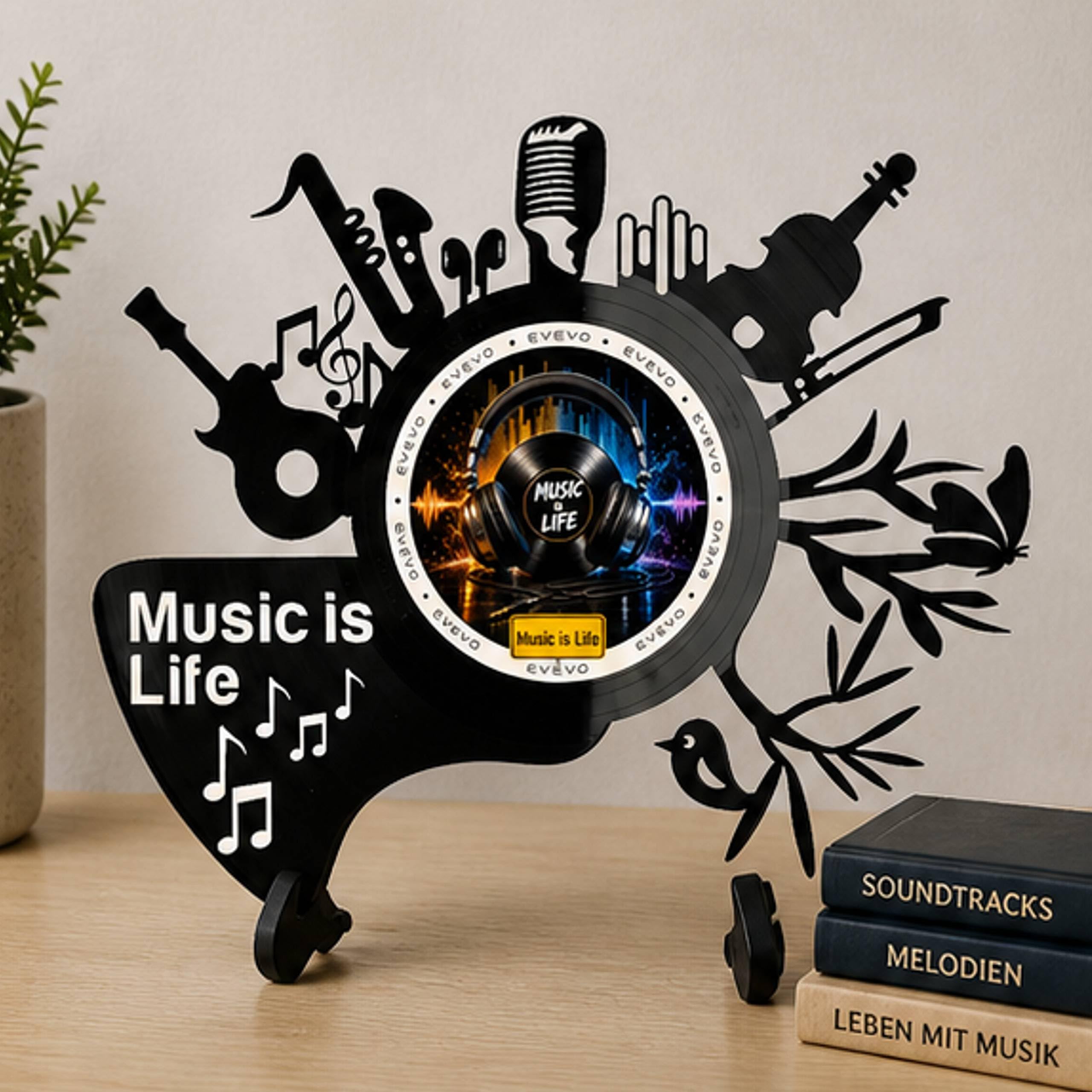 EVEVO Dekoracja ścienna z płyty gramofonowej Music is Life - winylowa sztuka ścienna, nuty prezent dla miłośników muzyki, muzyków, autorów piosenek, styl retro D0063