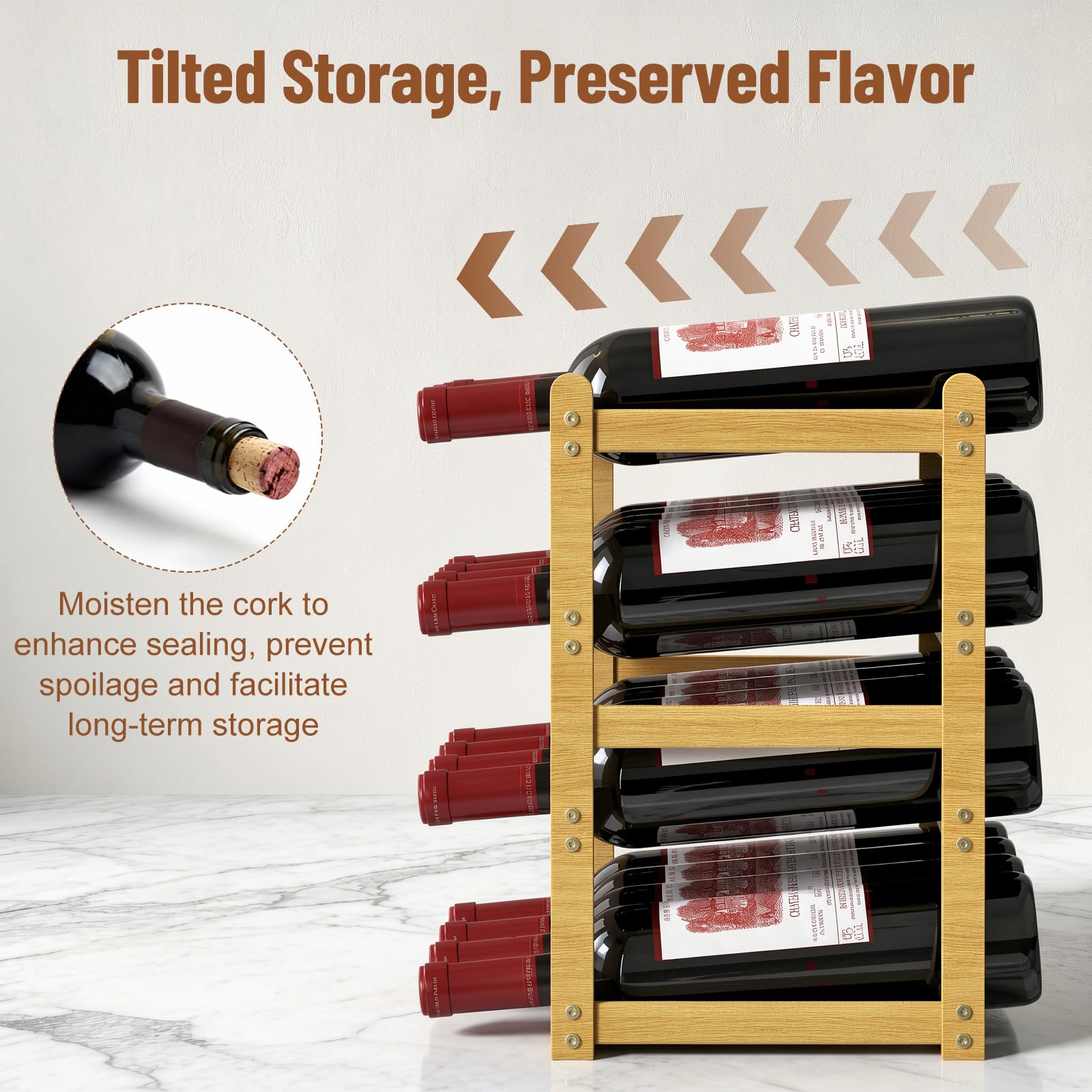 Nuovoware Portabottiglie in Bambù, Portabottiglie Impilabile 4 Ripiani per 16 Bottiglie con Scanalature Ondulate, Robusto Ripiano da Appoggio per Cucina, Dispensa, Sala da Pranzo, Cantina, Bar
