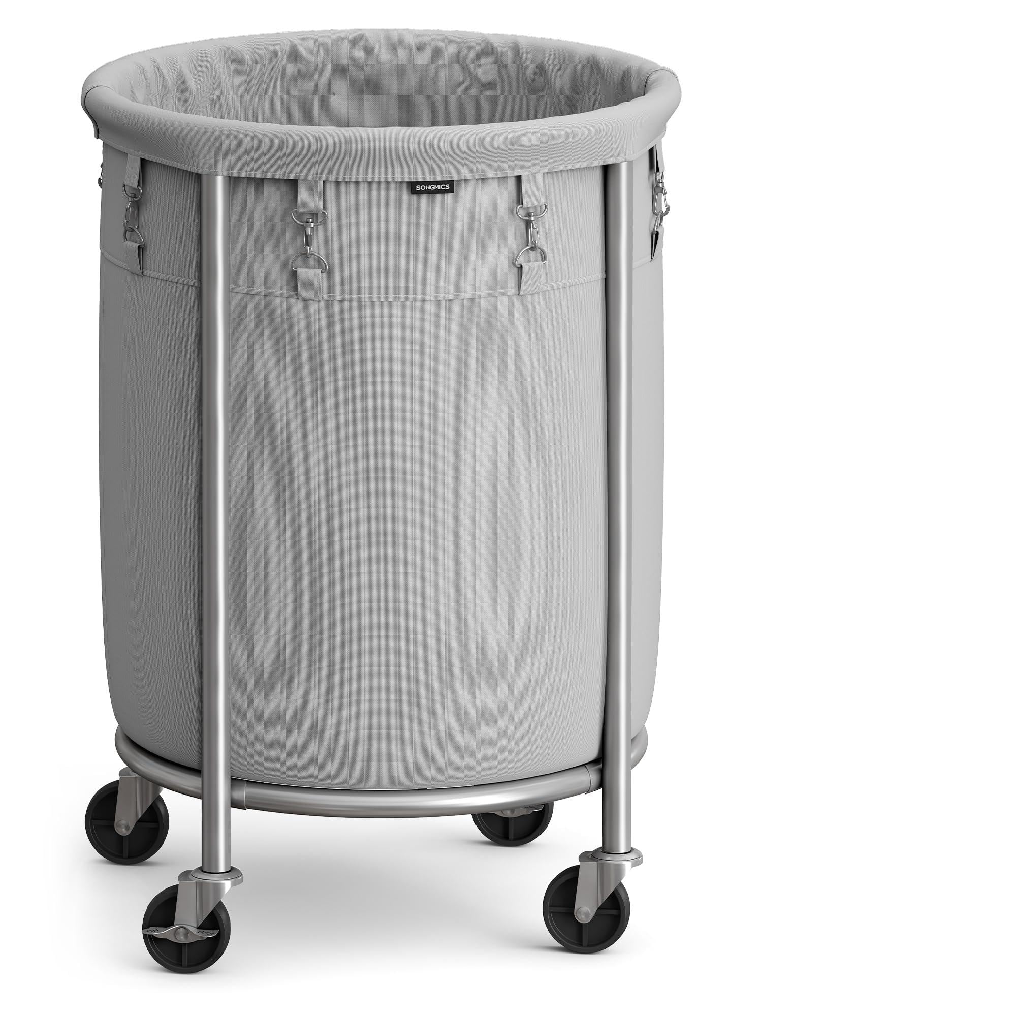 SONGMICS Laundry Basket on Wheels, Laundry Trolley 110L, Round Laundry Hamper with Steel Frame and Removable Bag, 4 Castors and 2 Brakes, Grey and Silver RLS002G01