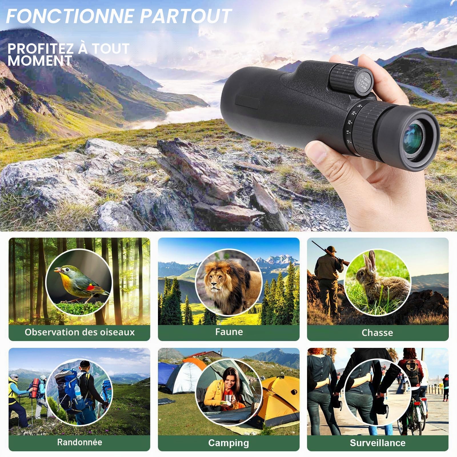 Monoculaire 10-30x50 Prisme BAK4 HD, Télescope Portable Étanche avec Trépied & Support Téléphone, Idéal pour Observation Oiseaux, Randonnée, Concert et Événements Sportifs