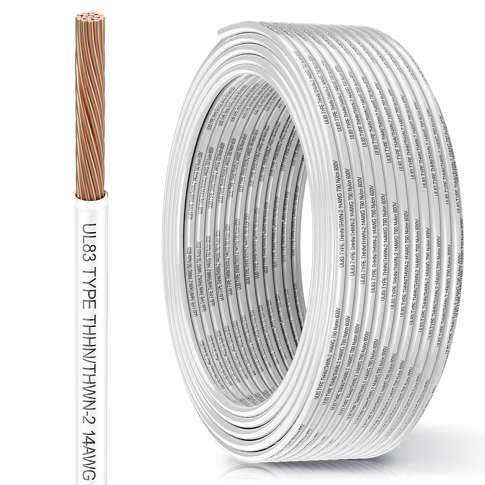 THHN Wire 14 Gauge 50FT, UL83 THHN/THWN-2 14 AWG Cable Stranded Copper with Nylon Jacket and PVC Insulation Building Wires for Residential, CNC, Panel Wiring, Circuit, Control(600V, White)