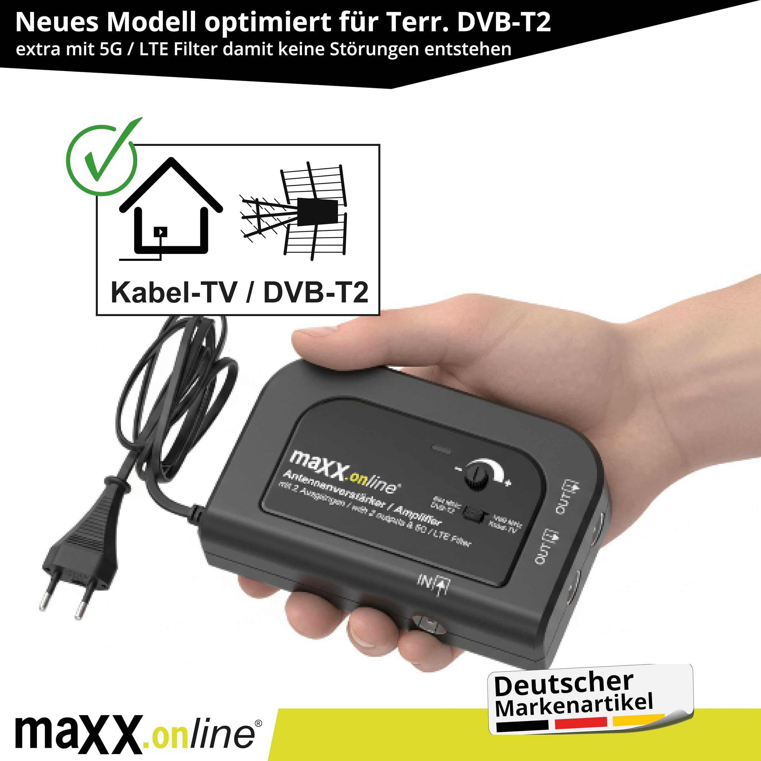 Amplificador de Antena con 2 Salidas, Amplificación de 20 dB, Filtro 5G/LTE para DVB-T2, Televisión por Cable, Amplificador de Vivienda, Modelo VST 9342v3