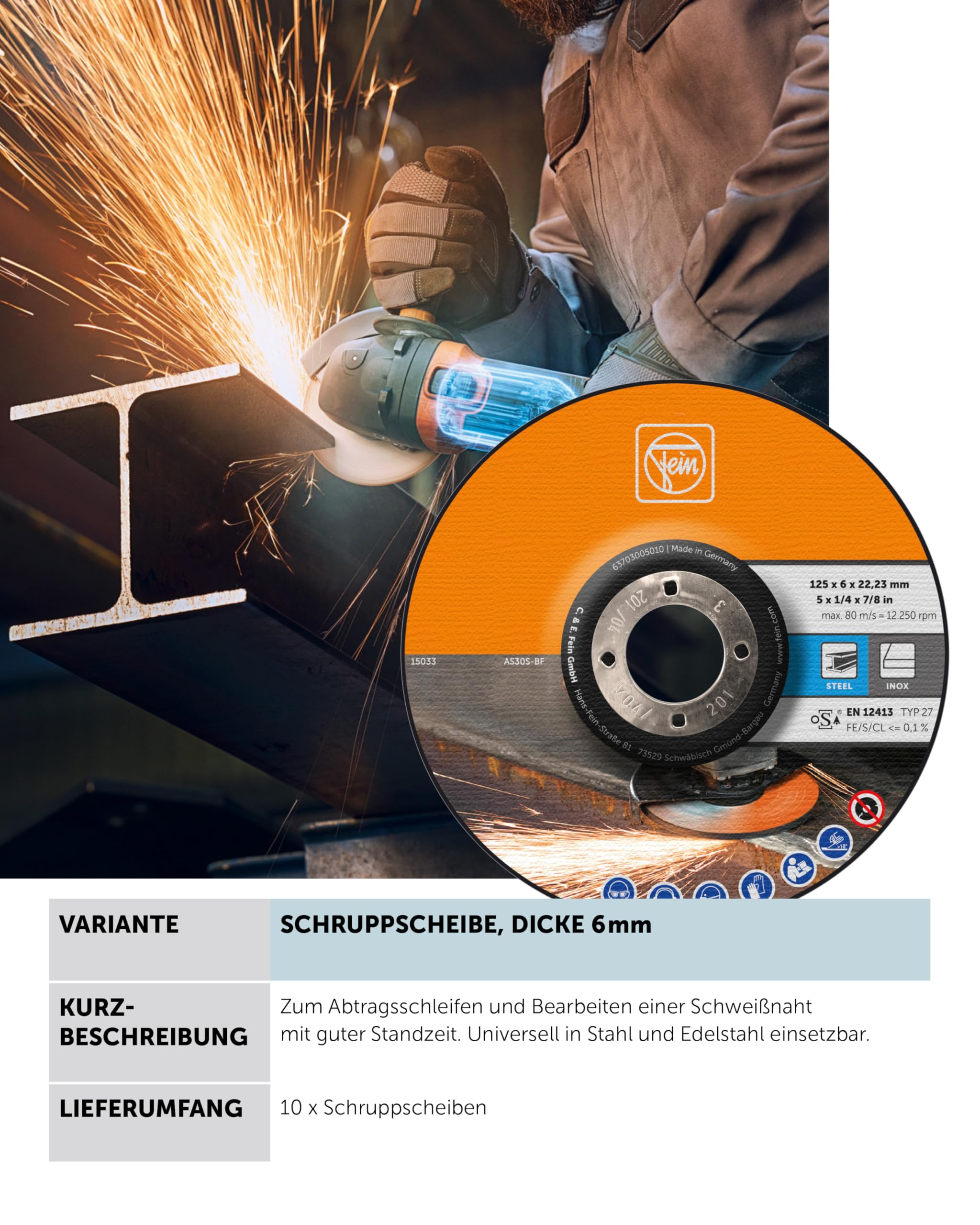 FEIN Meule à ébarber 125 mm 10 pièces pour Meuleuse d'angle Acier Inoxydable