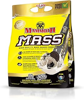 MAMMOTH MASS: Weight Gainer, High Calorie Protein Powder Workout Smoothie Shake, Meal Replacement, Low Sugar, Whey Isolate Concentrate, Casein Protein Blend, Weight Training, High Protein (5lb) Cookies & Cream