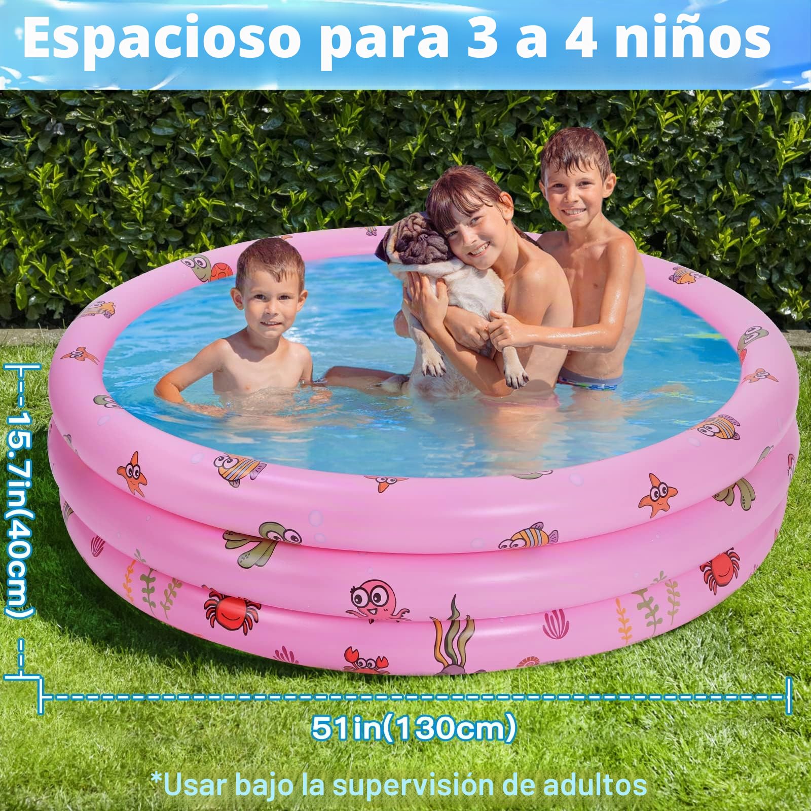 Highttoy Piscina Infantil,Piscina Hinchable Redonda de 51 Pulgadas Piscina Bebe Niña 3 Aros Piscinas Hinchables Juegos Acuáticos Exterior y Interior, Rosa(130 x 40cm)