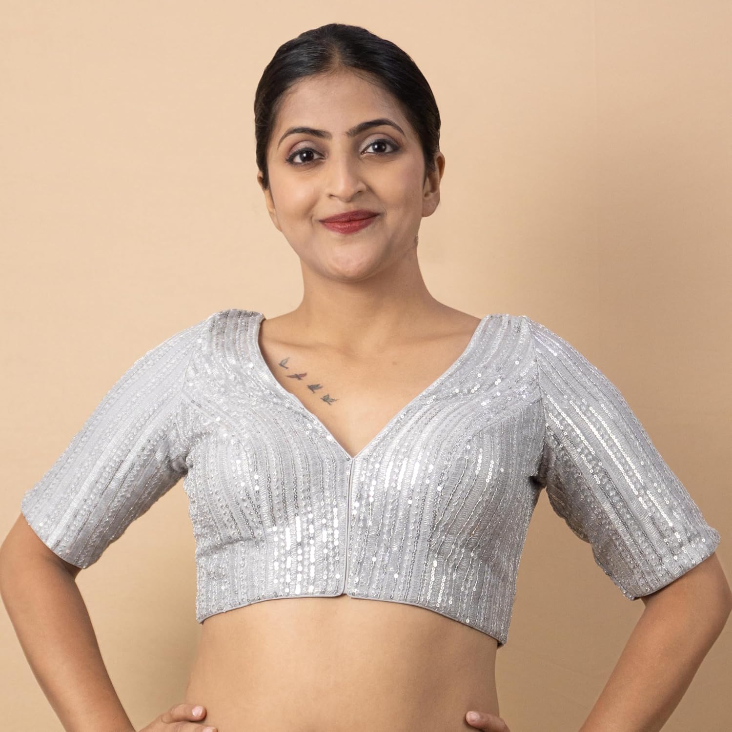 FIGURE'S DESIGNER Women's Sequin V Neck Elbow Half Sleeve Readymade Saree Blouse E1