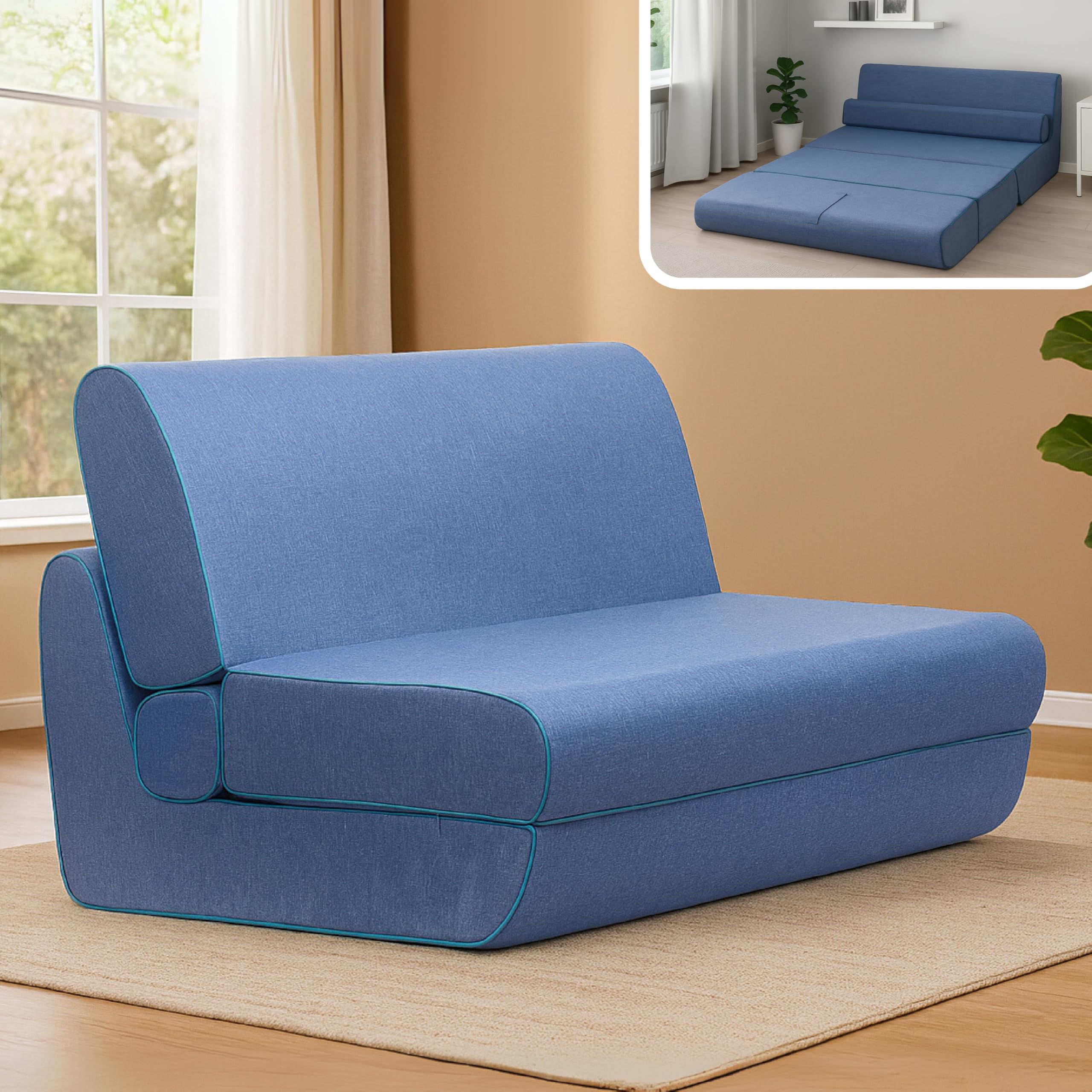 UrbanBed SoFaSoGood 2 Seater Sofa Cum Bed (6ftx4ft / 72"x48") in Jute Fabric with Headboard & Bolster (Blue Melange) | Premium HR Foam Foldable Sofa for Living Room/Bedroom | 10 Years Warranty-image-42