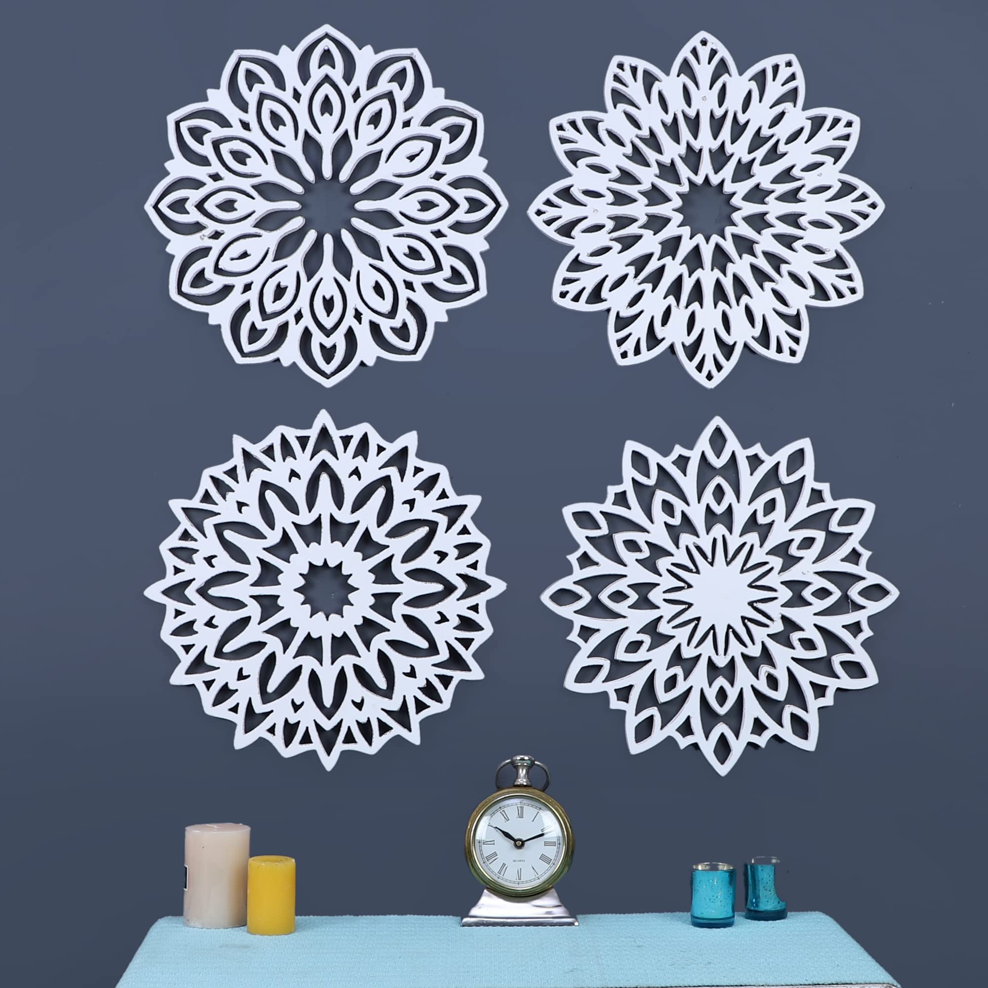 The Urban StoreDecorative & Hand Crafted Wooden Wall Panel/Decor in distressed White Finish (40 x 40 cm) / Set of 4