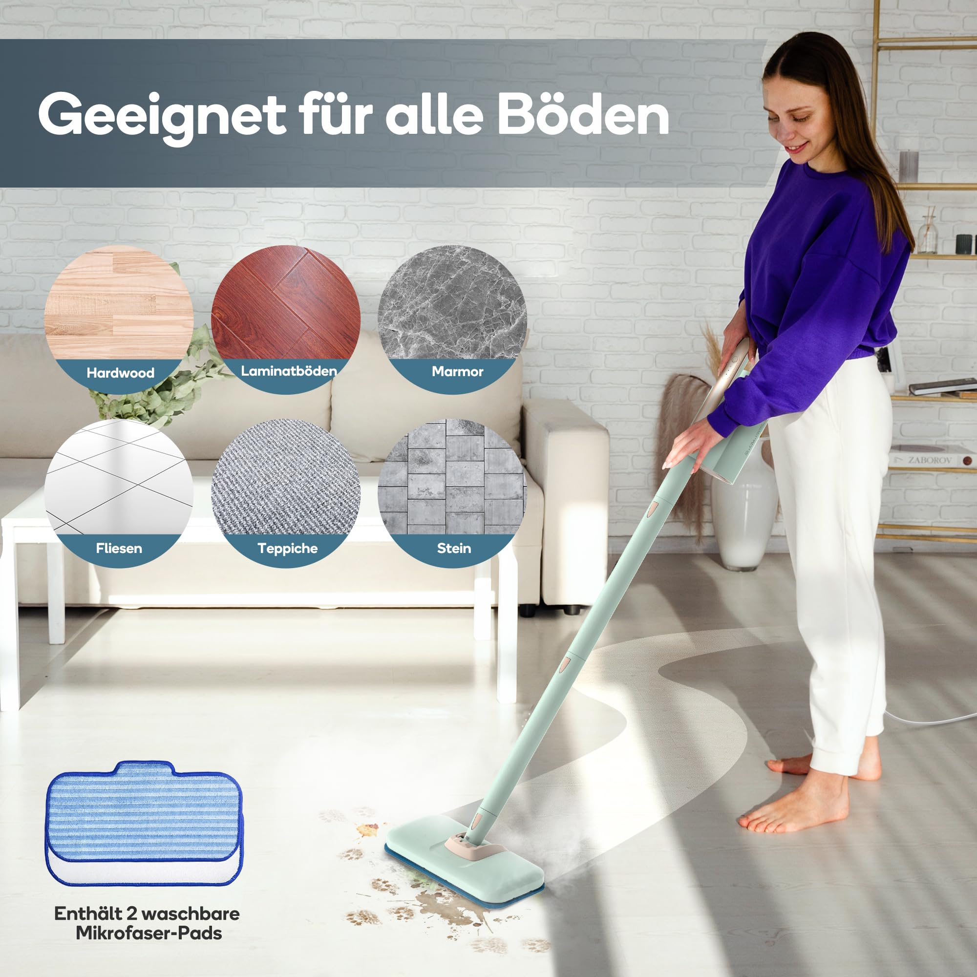 Newbealer 2-in-1 Dampfreiniger, 1200W Handgerät mit abnehmbarem Reiniger, 3 Dampfstufen, 7 Zubehörteile und 2 Mikrofaserpads, Ideal für Alle Böden, Teppiche | 3 einstellbare Ebenen für Teppich-Laminat, Hartholz-Fugenmörtel, Teppichgleiter, 7 Mehrzweck-Zub