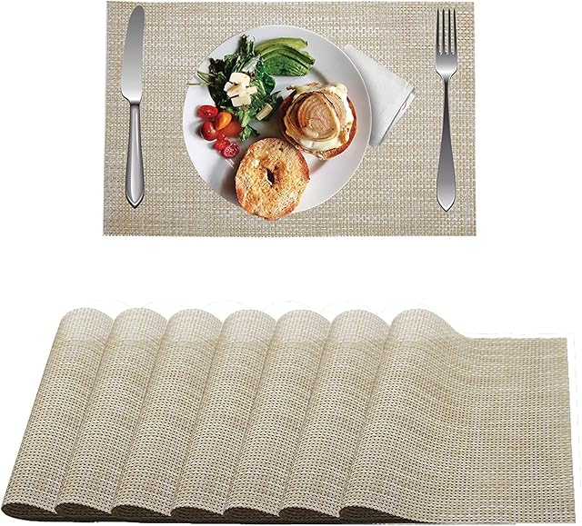 Thickoad Placemats,Table Mats Set of 8,Woven Plastic Placemats,Table Mats Non Slip Heat Resistant Washable Place Mats for Dining Table Hotel Wedding Party (Beige)