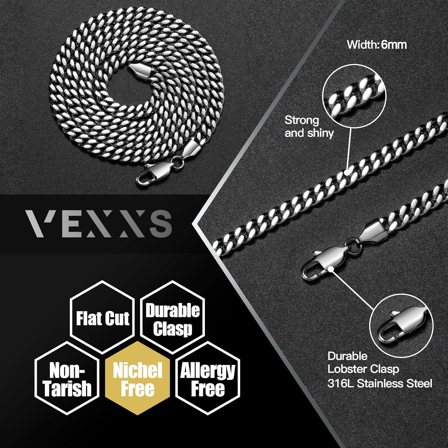 VEXXS Men's Gold Chain Flat Cut,18K Real Gold Plated Cuban Link Chain, Durable No Color Fading Stainless Steel Curb Chain 4mm 5mm 6mm Men’s Necklace - Image 2