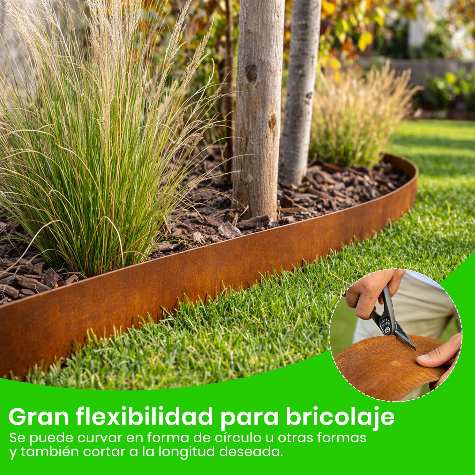 Bordura Acero Corten 12m x 14cm, Borduras Jardín Metálica, con Pátina de Óxido, Incluye 1 Par de Guantes, para Parterres de Flores y Caminos de Patio (Superficie Plana, 6M x 14CM)