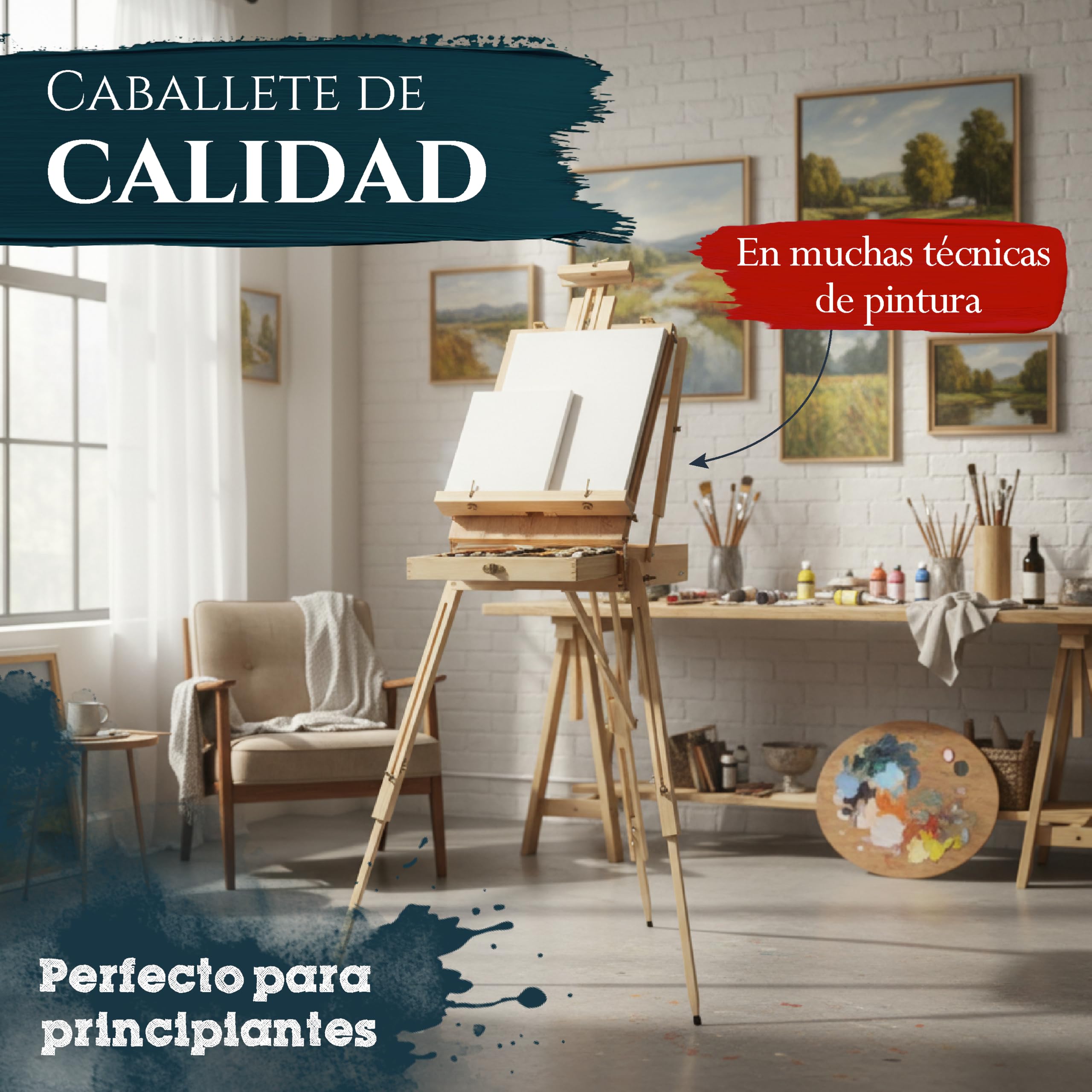 Artina Caballete maletín de pintura con paleta para lienzos hasta 100cm | Trípode madera pintor con inclinación integrado paleta versátil Madrid