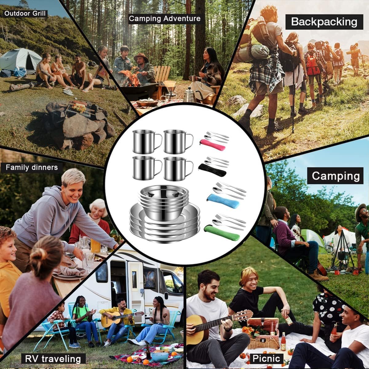 Ensemble de couverts de camping en acier inoxydable comprenant assiette, bol, cuillère, fourchette, couteau dans des poches en maille pour le camping et les randonnées