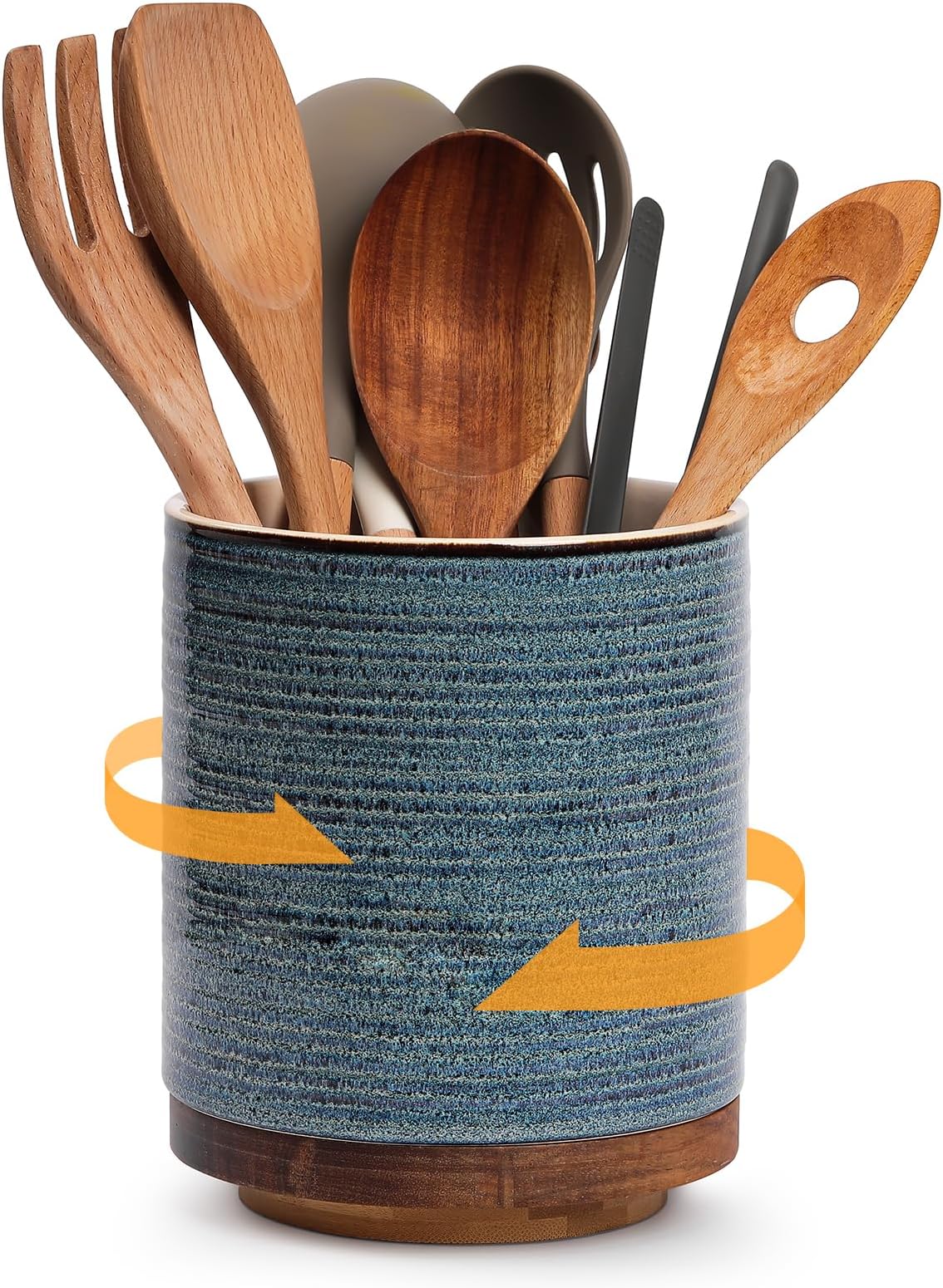 DOWAN 360° Rotating Extra Large Cooking Utensil Holder, 7.6" Kitchen Utensil Holder for Countertop, Utensil Crock for Farmhouse Kitchen Decor, Ceramic Stable Utensil Caddy, Blue