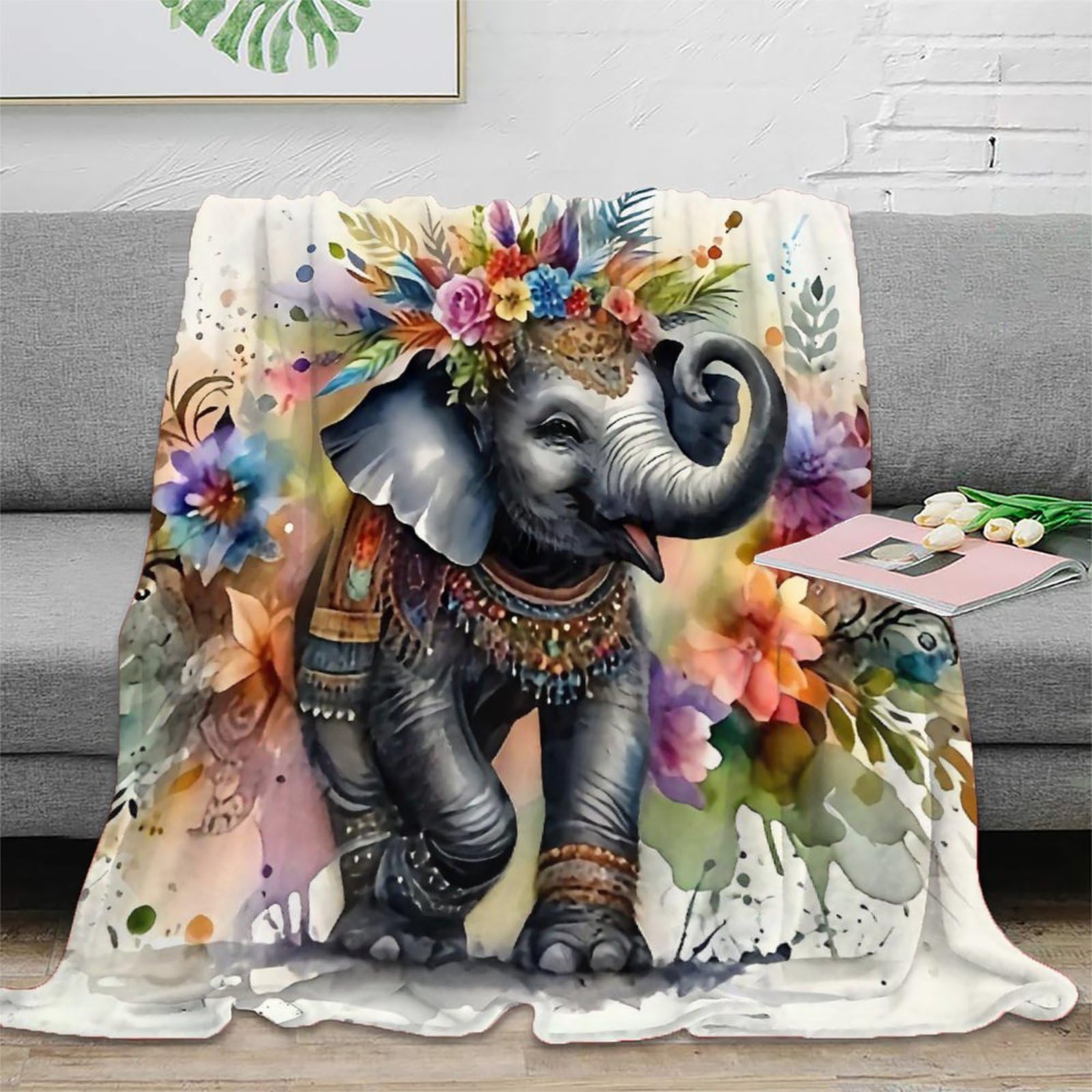 Couverture éléphant douce pour camping, voyage et canapé en microfibre chaleureuse
