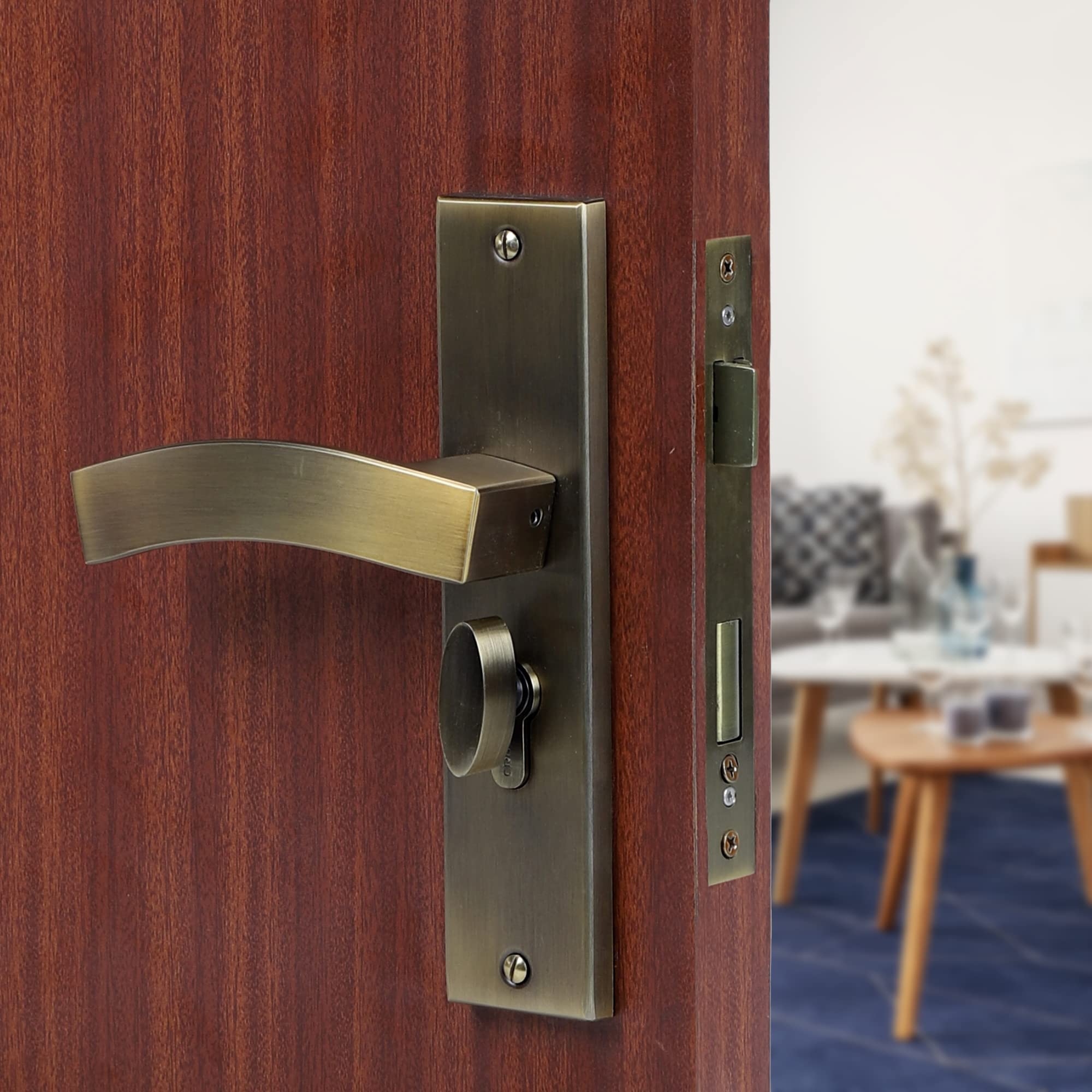 Blue Space Premium 8" Cylindrical Plate Mortise Door Lock Handle Set/Mortise Lock with Brass Lock Body and One Side Key 60mm Brass Cylinder Set with 3 Brass Computer Keys (LB10002, Antique)