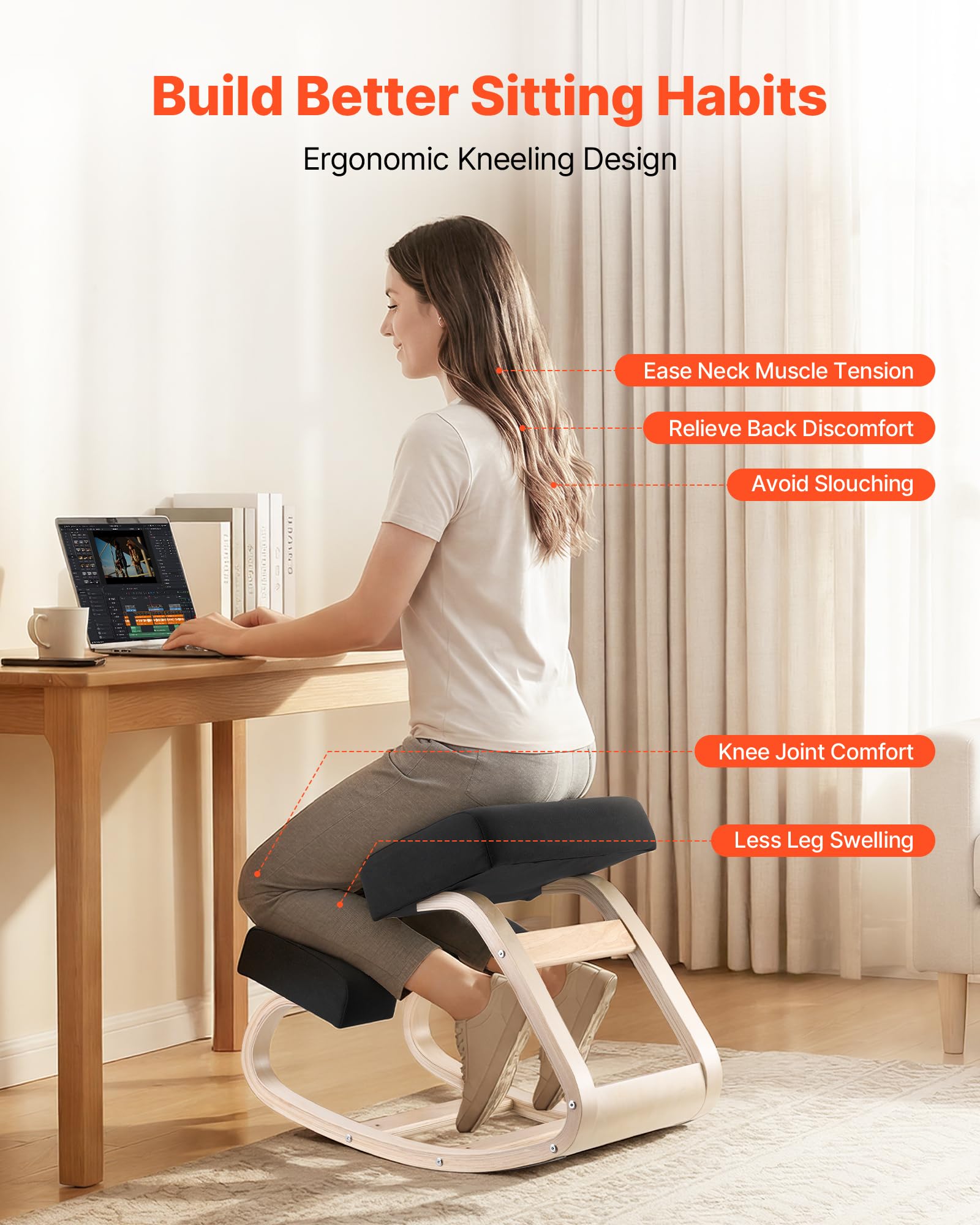 VEVOR Chaise à Genoux Ergonomique, Siège Assis Genoux avec Coussins en Mousse Épaisse, pour Maison, Bureau, Méditation et Yoga, Cadre en Bois Massif, Soulage Les Tensions du Cou et du Dos, Noire
